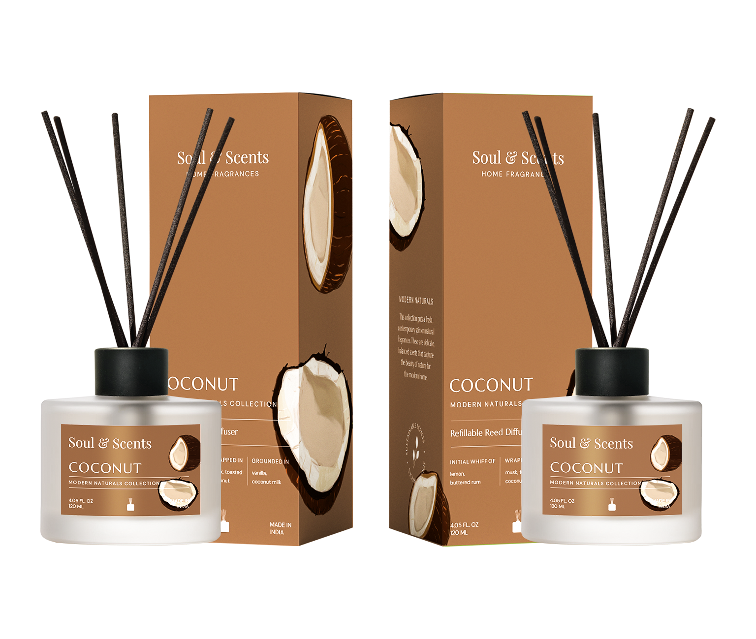 Soul & Scents Coconut diffuser set with packaging on a white background