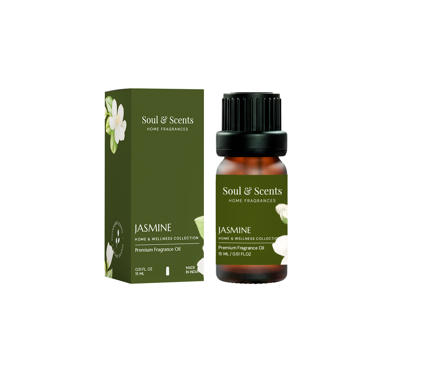 Soul & Scents Jasmine fragrance oil bottle and packaging on a white background