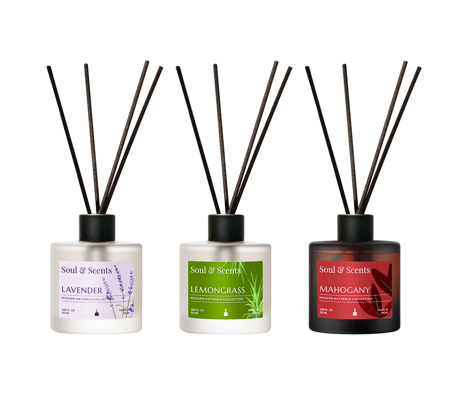 Three diffusers with sticks labeled 'Lavender', 'Lemongrass', and 'Mahogany' by Soul & Scents on a white background.