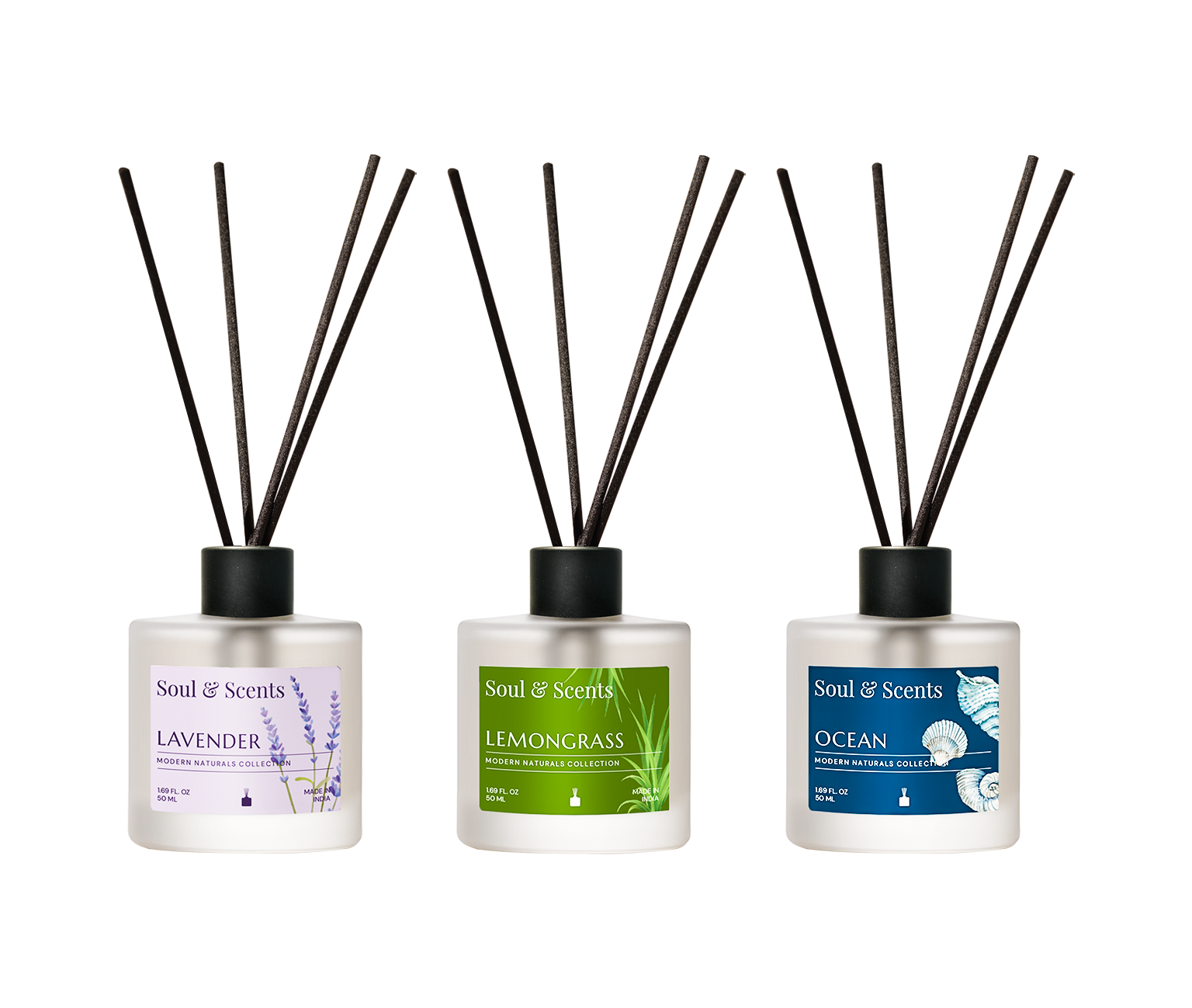 Three diffusers labeled 'Lavender', 'Lemongrass', and 'Ocean' with black sticks on a white background.