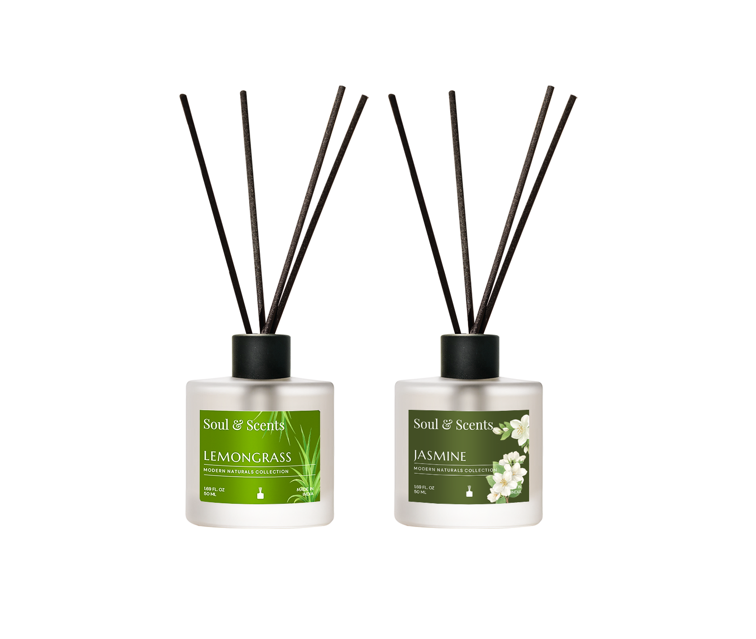 Two diffusers labeled 'Lemongrass' and 'Jasmine' by Soul & Scents on a white background.
