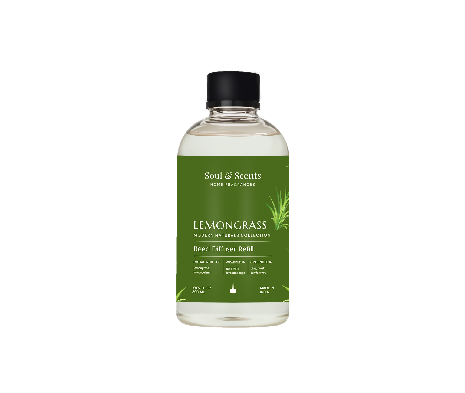 Soul & Scents Lemongrass diffuser refill bottle on a white background