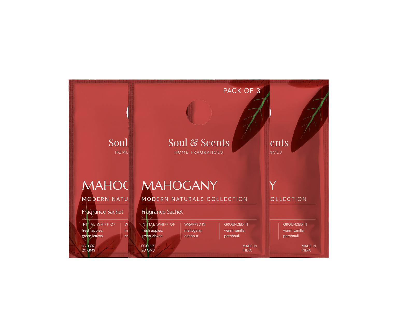 Pack of three Soul & Scents Mahogany fragrance sachets on a white background