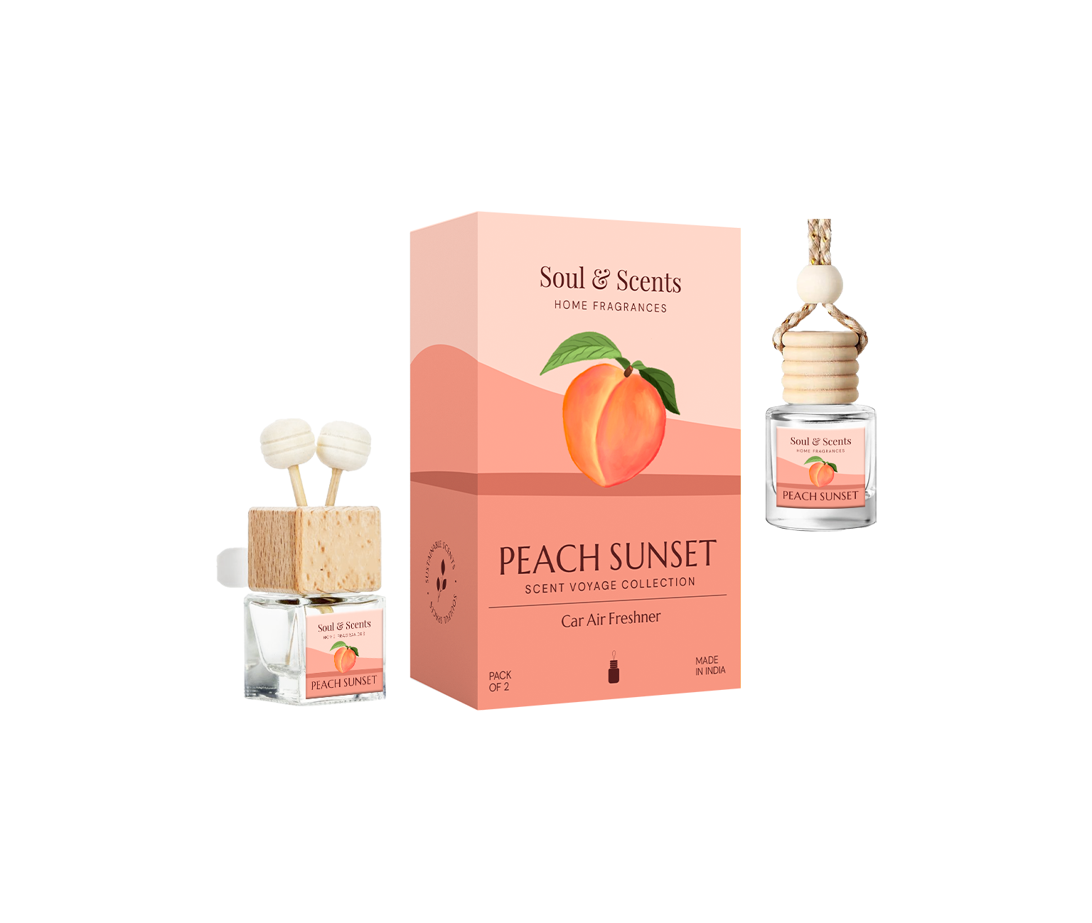 Soul & Scents Peach Sunset home fragrance set with air freshener and packaging on a white background