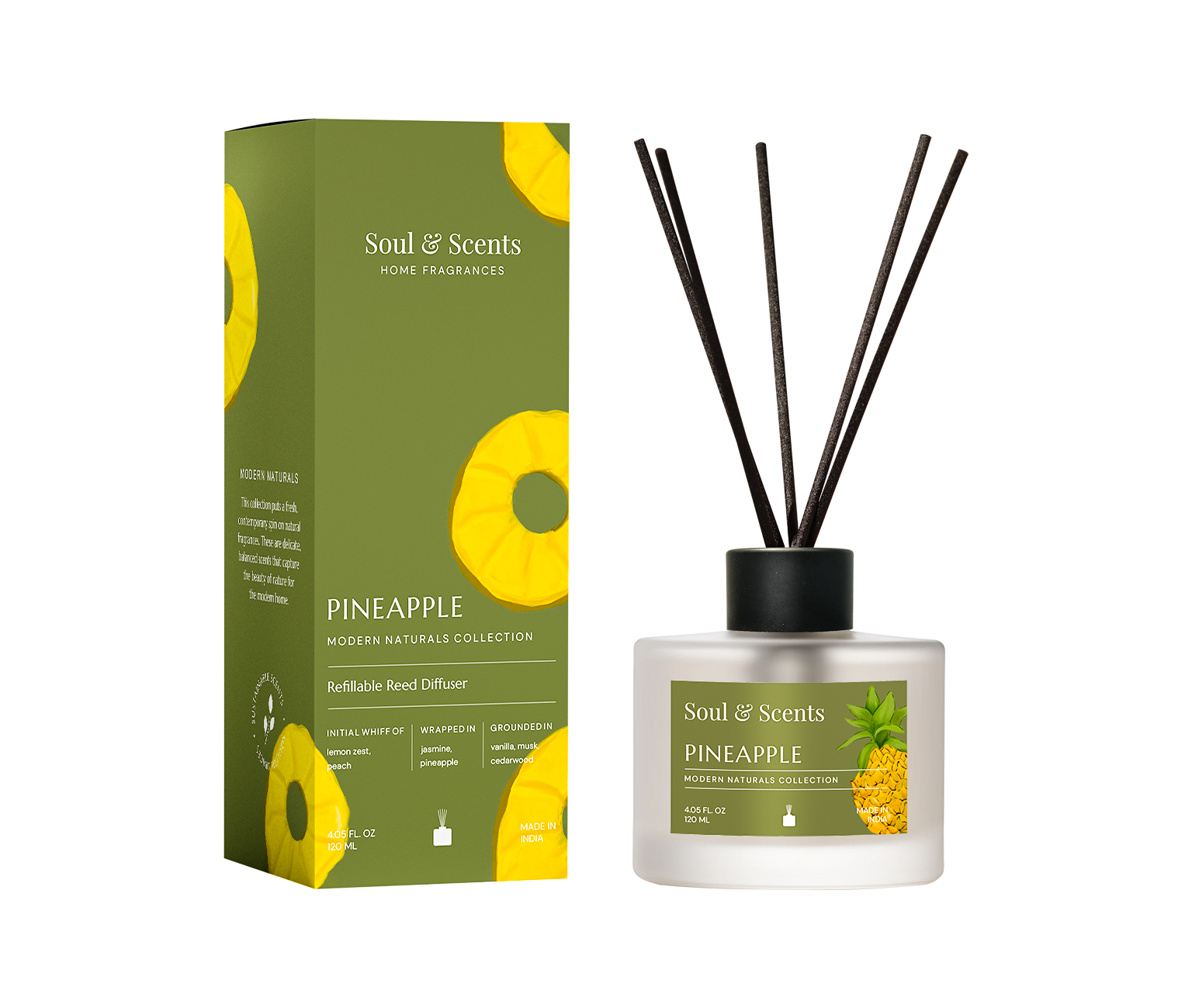 Soul & Scents Pineapple diffuser with packaging on a white background