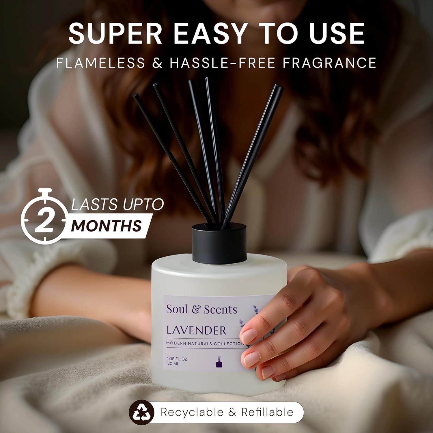 Scent diffuser with text highlighting ease of use and fragrance duration, held by a person.