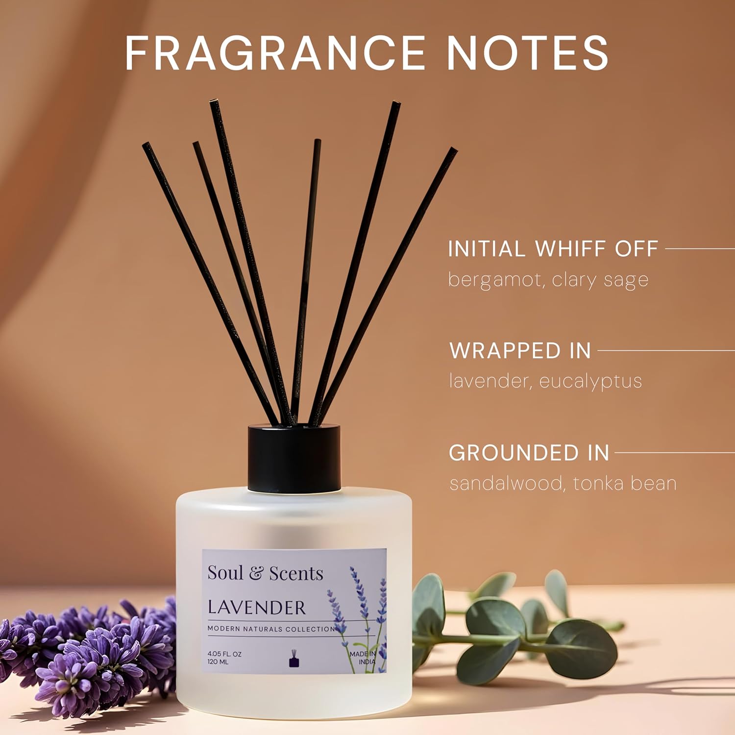 Scented diffuser with lavender theme and fragrance notes on a beige background