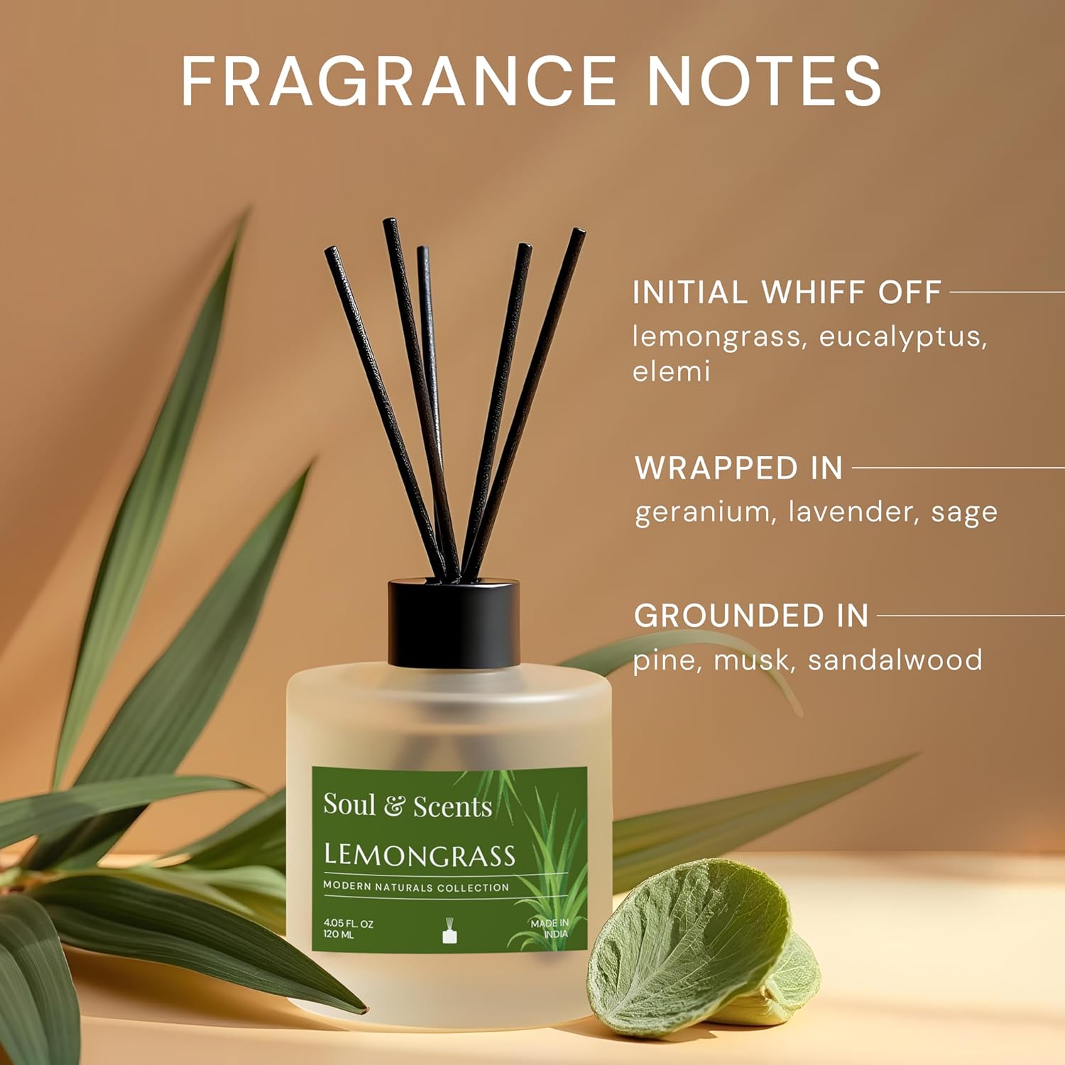 Scented diffuser with lemongrass fragrance notes on a beige background