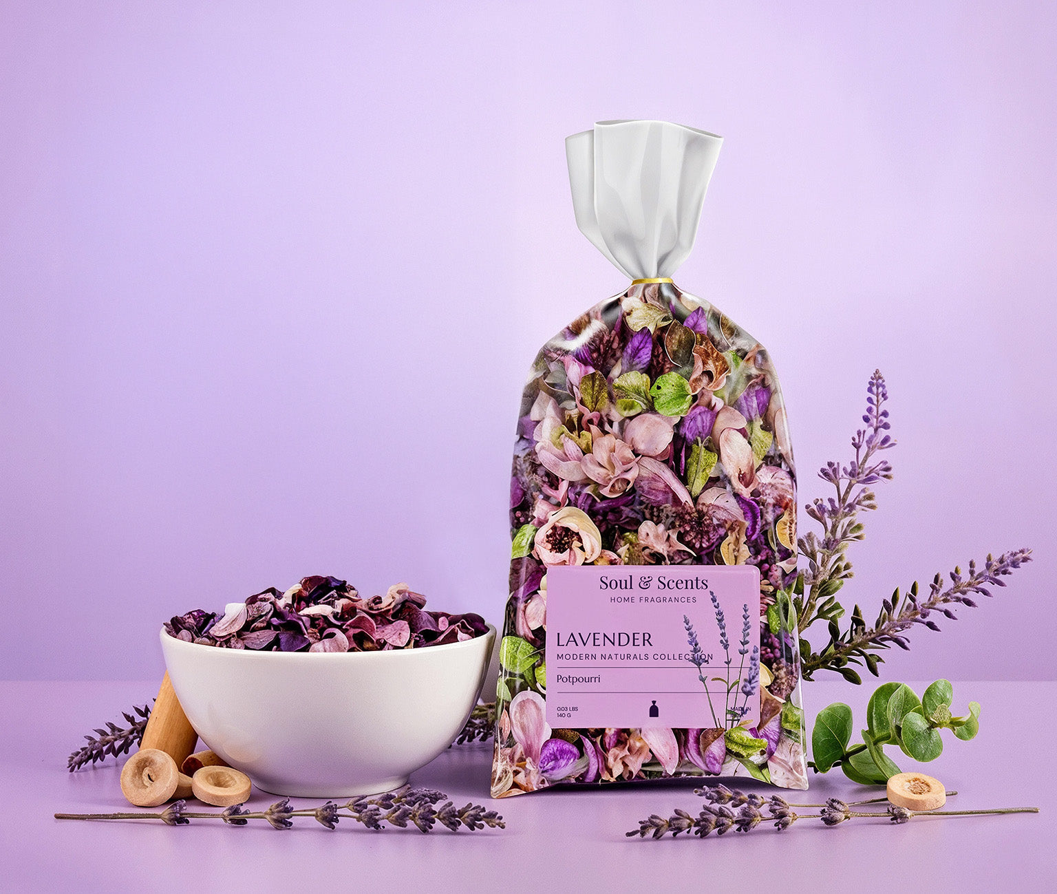 Scented product with floral packaging and lavender flowers on a purple background