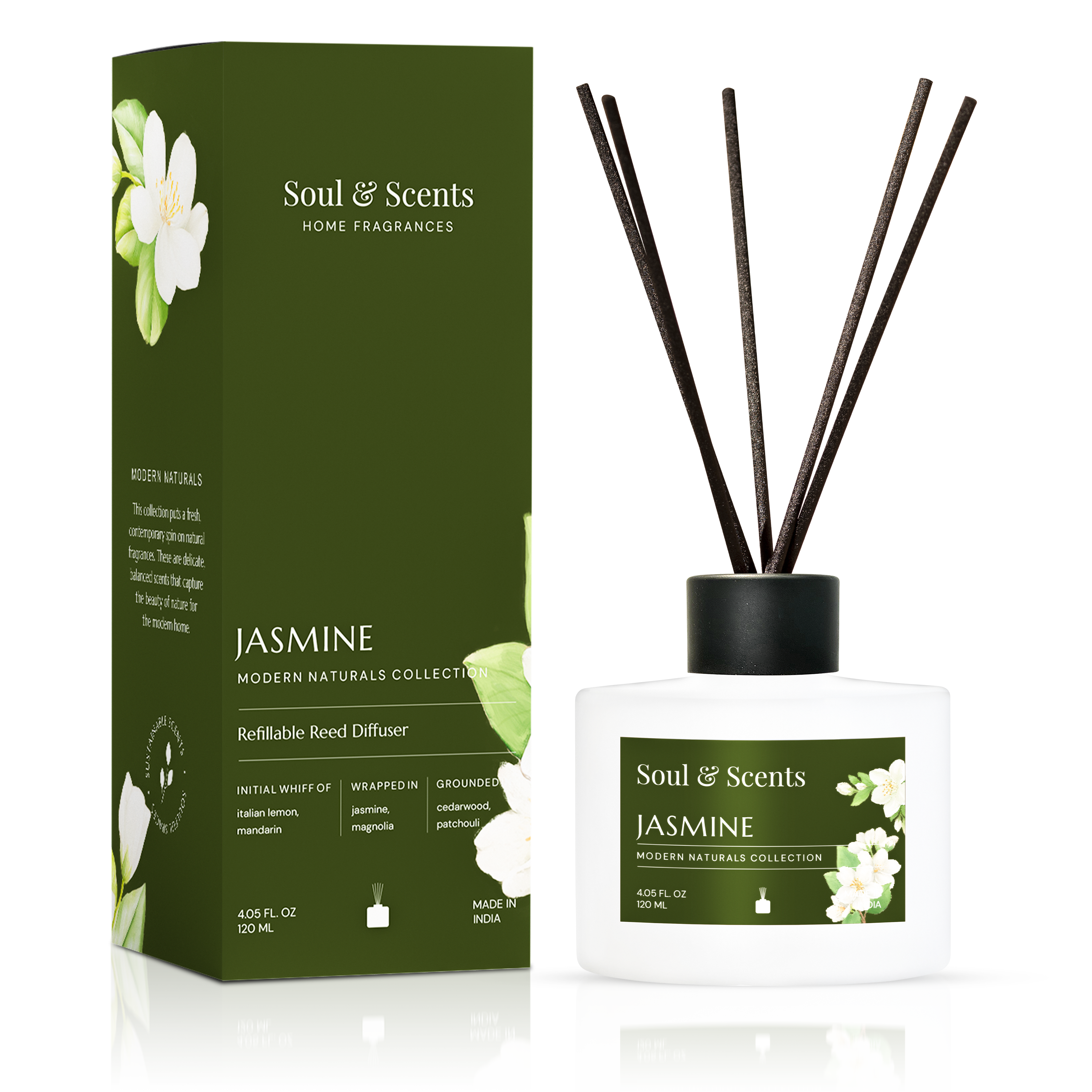 Soul & Scents Jasmine diffuser with packaging on a white background