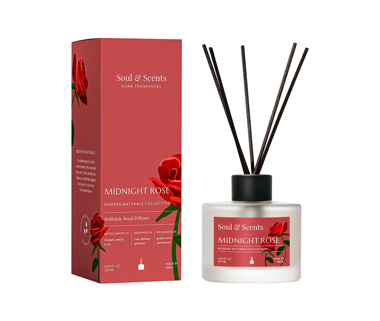 Soul & Scents Midnight Rose diffuser with packaging on a white background