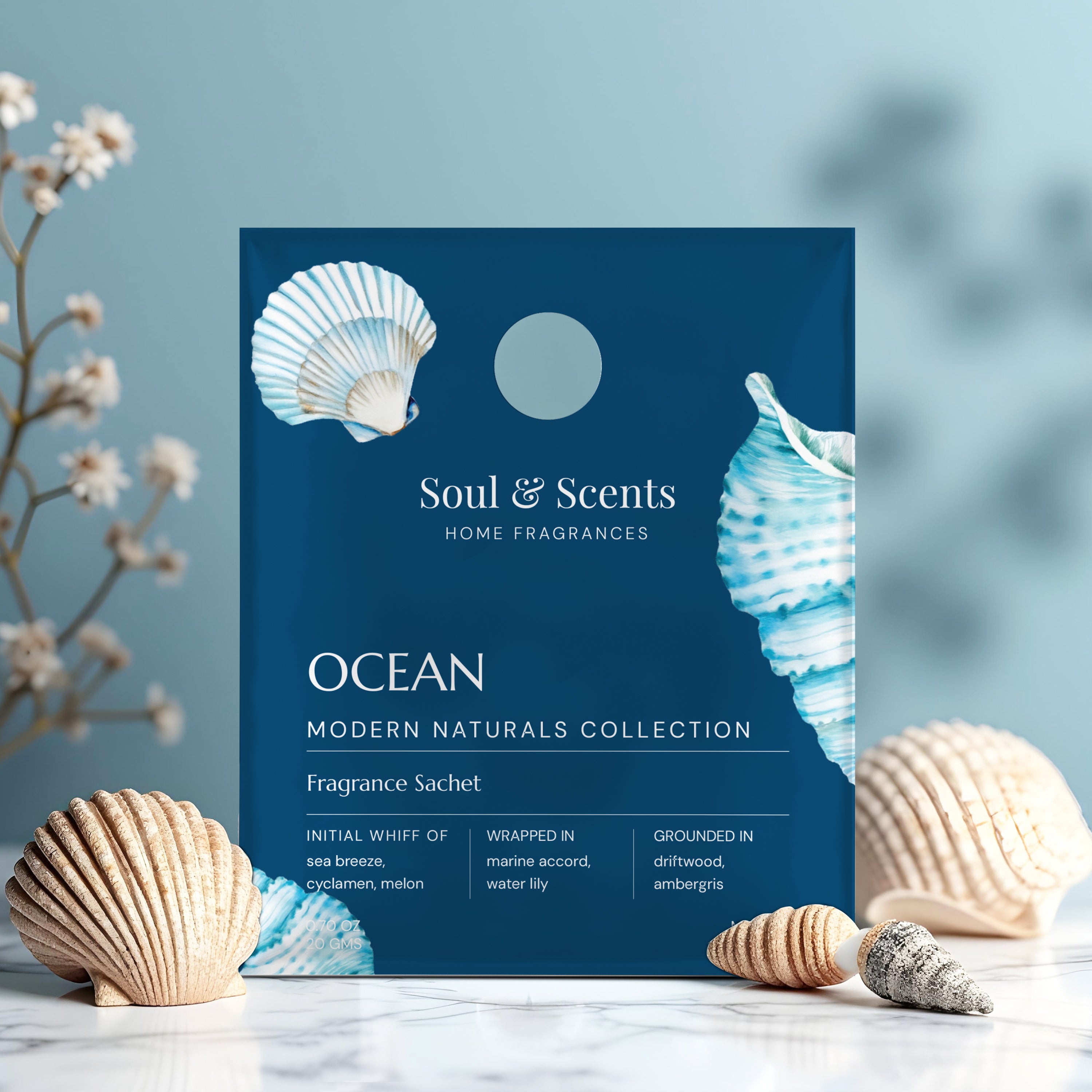 Soul & Scents Ocean fragrance sachet packaging with seashells on a light blue background