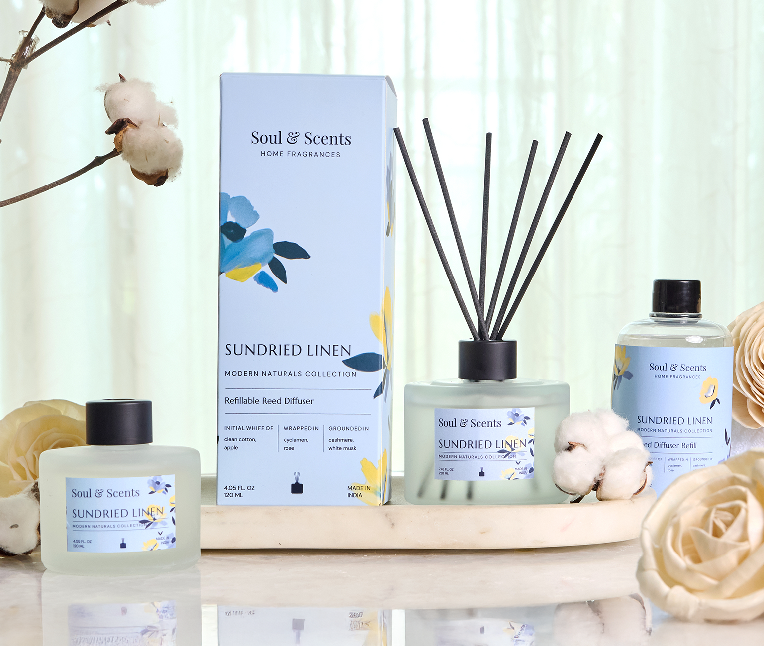 Soul & Scents Sundried Linen home fragrance set with diffuser, bottle, and packaging on a neutral background.