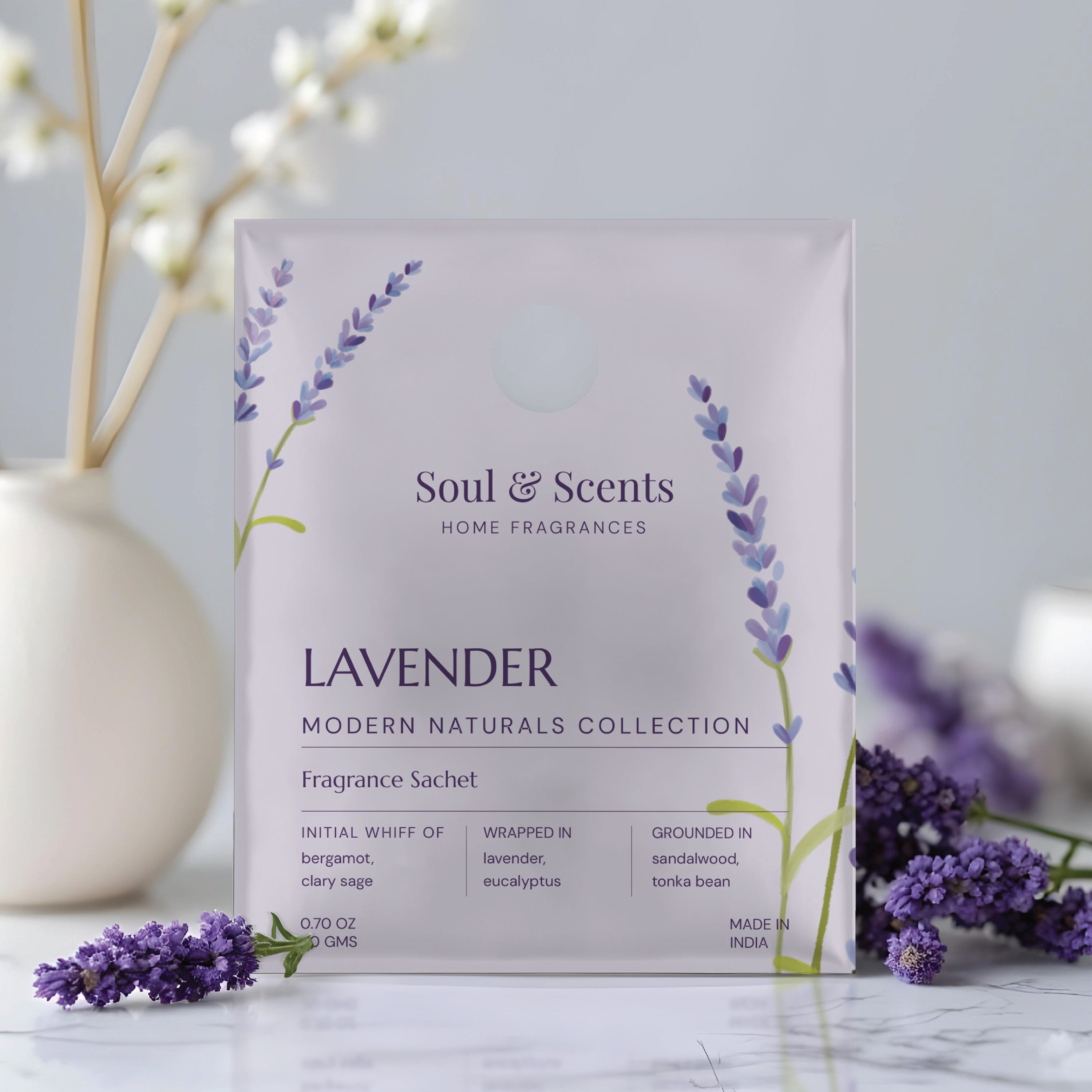Soul & Scents lavender fragrance sachet with lavender flowers on a light background
