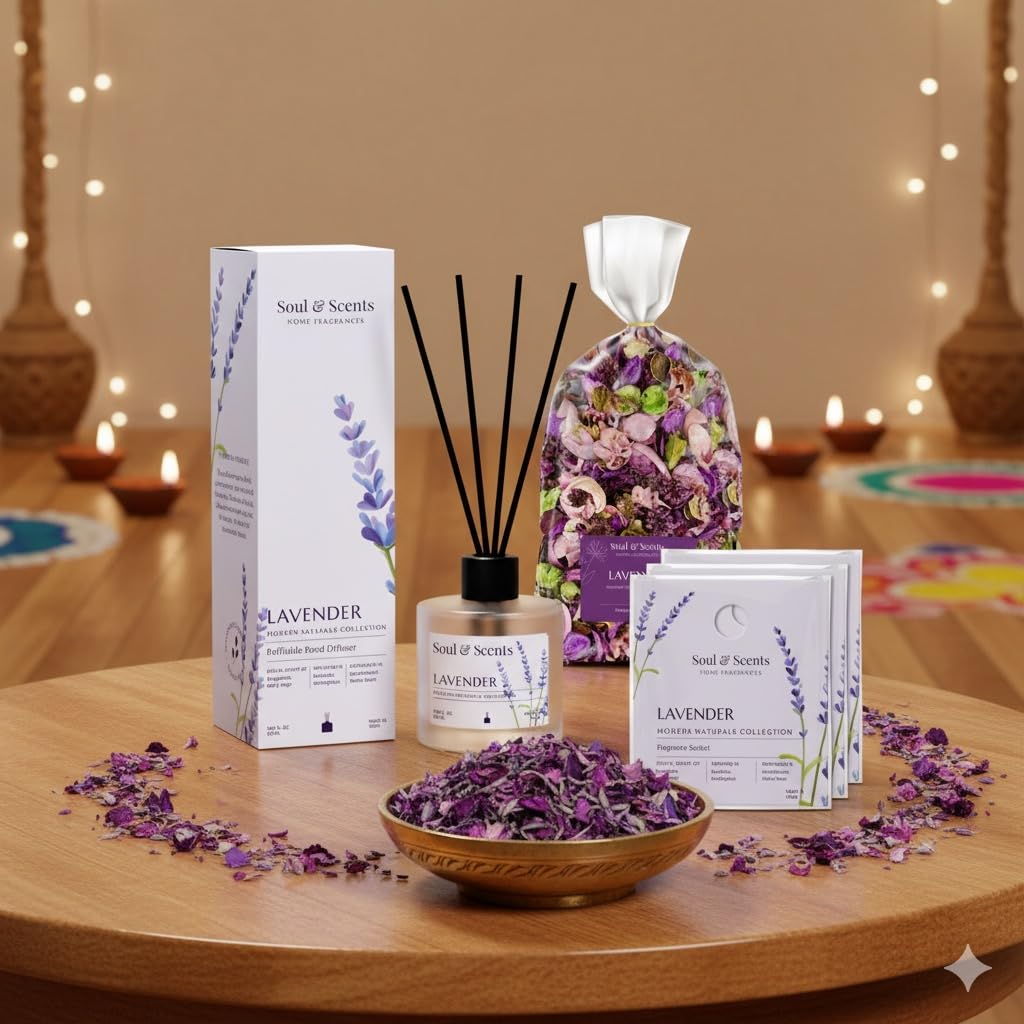 Soul & Scents lavender products including diffuser, packaging, and dried lavender on a wooden table.