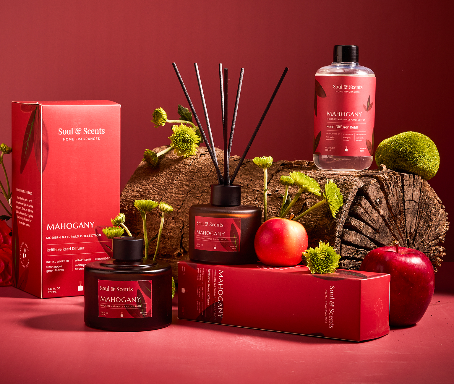 Soul of Scents Mahogany product collection on a red background