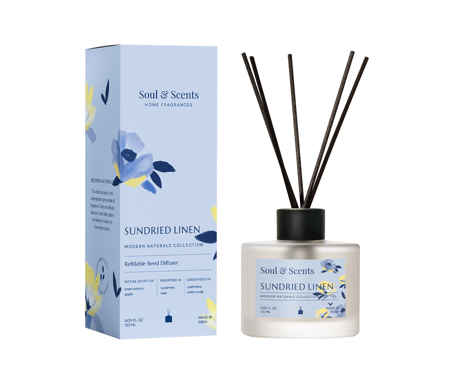 Soul & Scents Sundried Linen diffuser with packaging on a white background