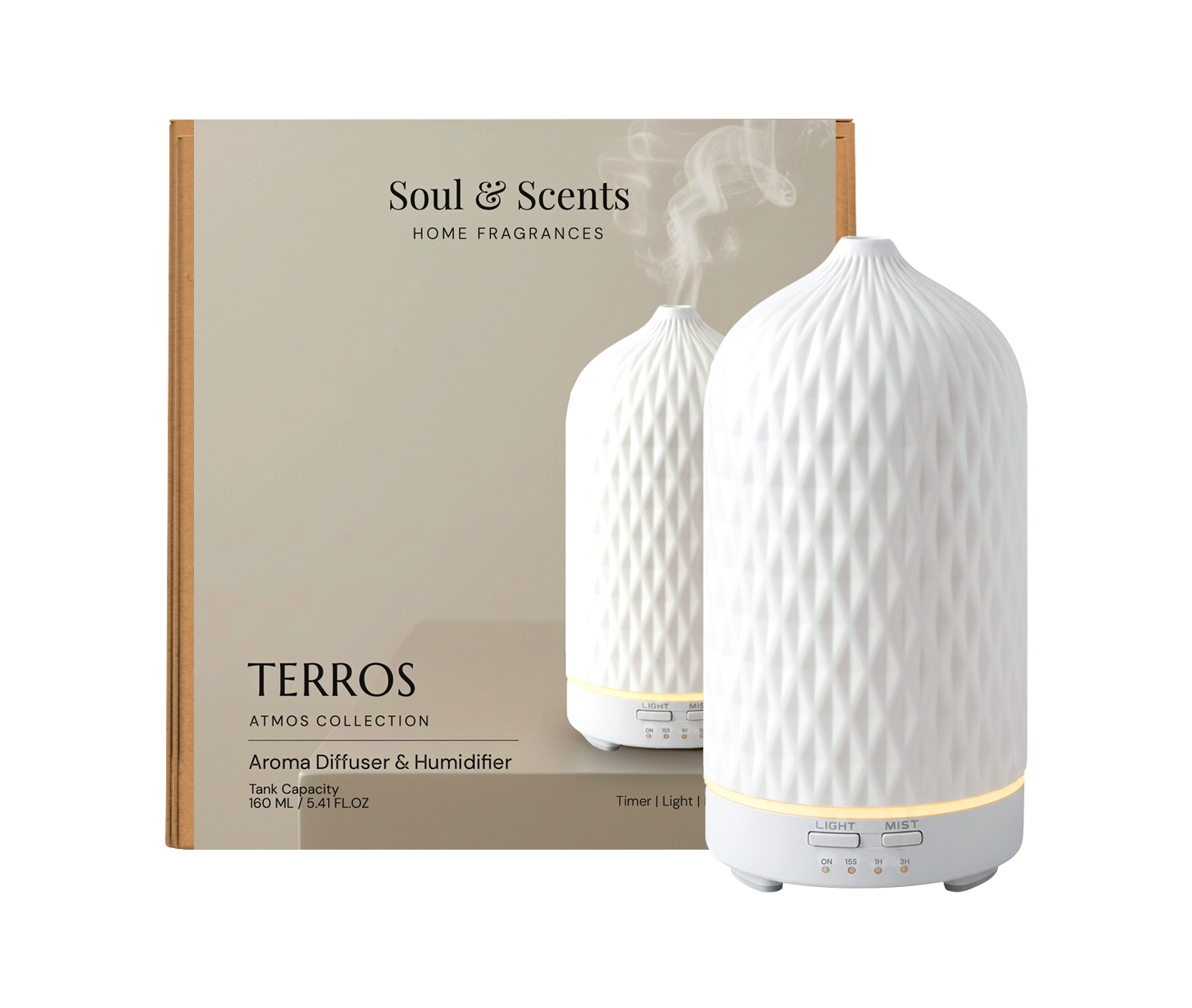 White textured diffuser with packaging labeled 'Soul & Scents' on a white background