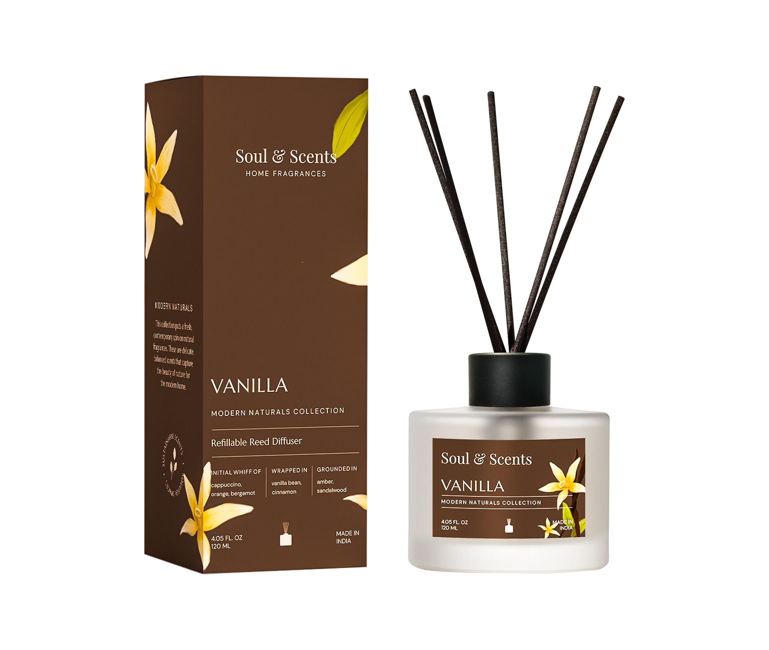 Vanilla scented diffuser with packaging on a white background