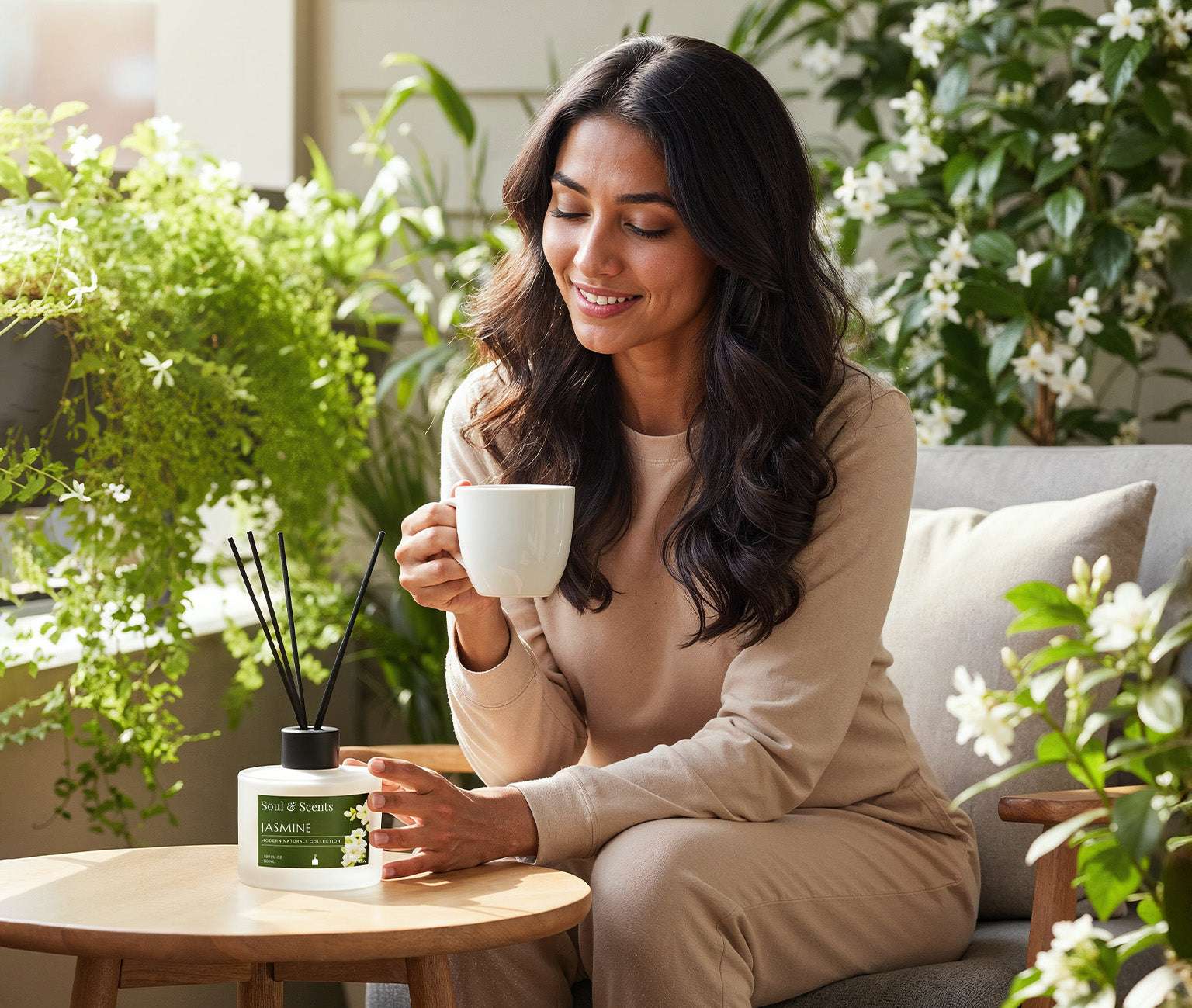 Woman sitting on a couch holding a mug with plants and a diffuser in the foreground