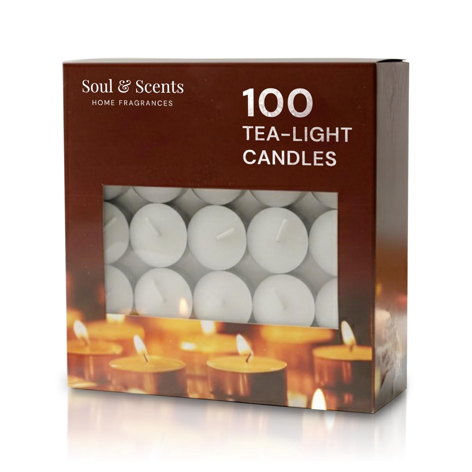 Box of Soul & Scents tea-light candles with a window showing the candles inside.