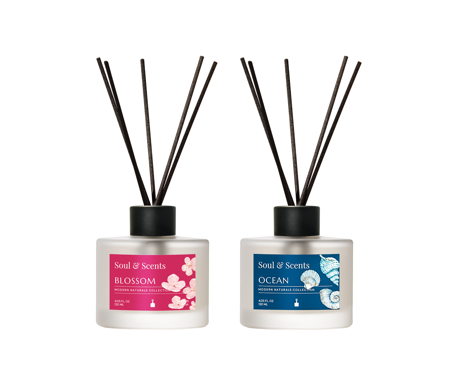 Two diffusers labeled 'Blossom' and 'Ocean' by Soul & Scents on a white background.