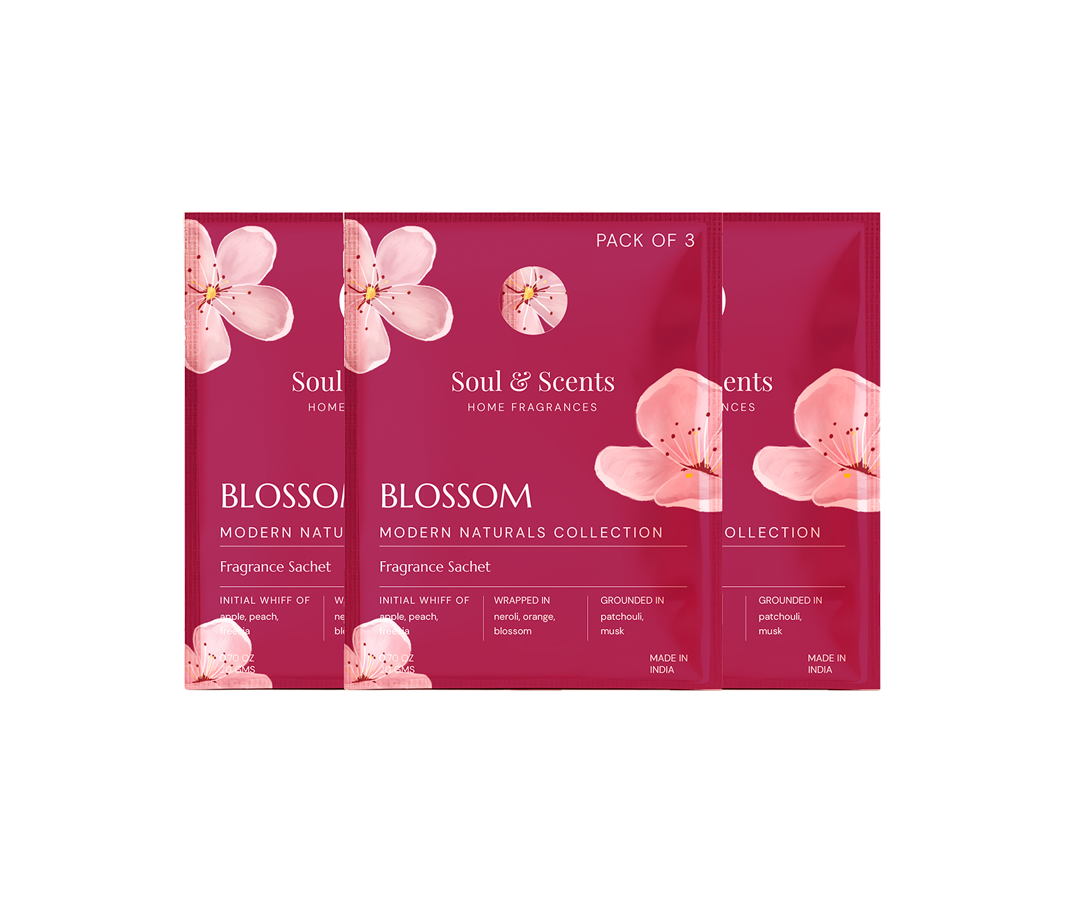 Pack of 3 Soul & Scents Blossom fragrance sachets on a white background