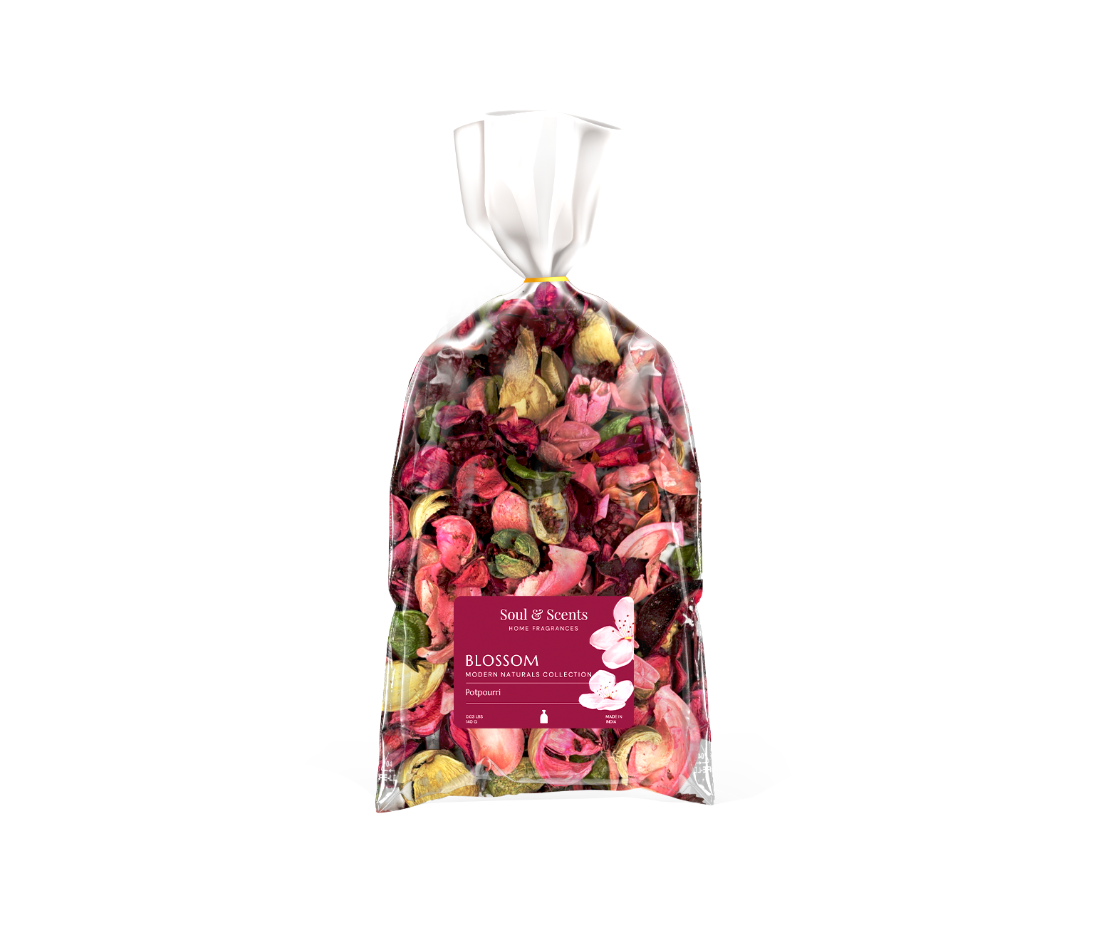 Bag of floral potpourri with 'Scent & Sensation' label on a white background