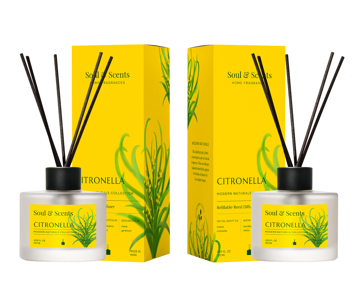 Two bottles of Soul & Scents Citronella diffusers with yellow boxes on a white background