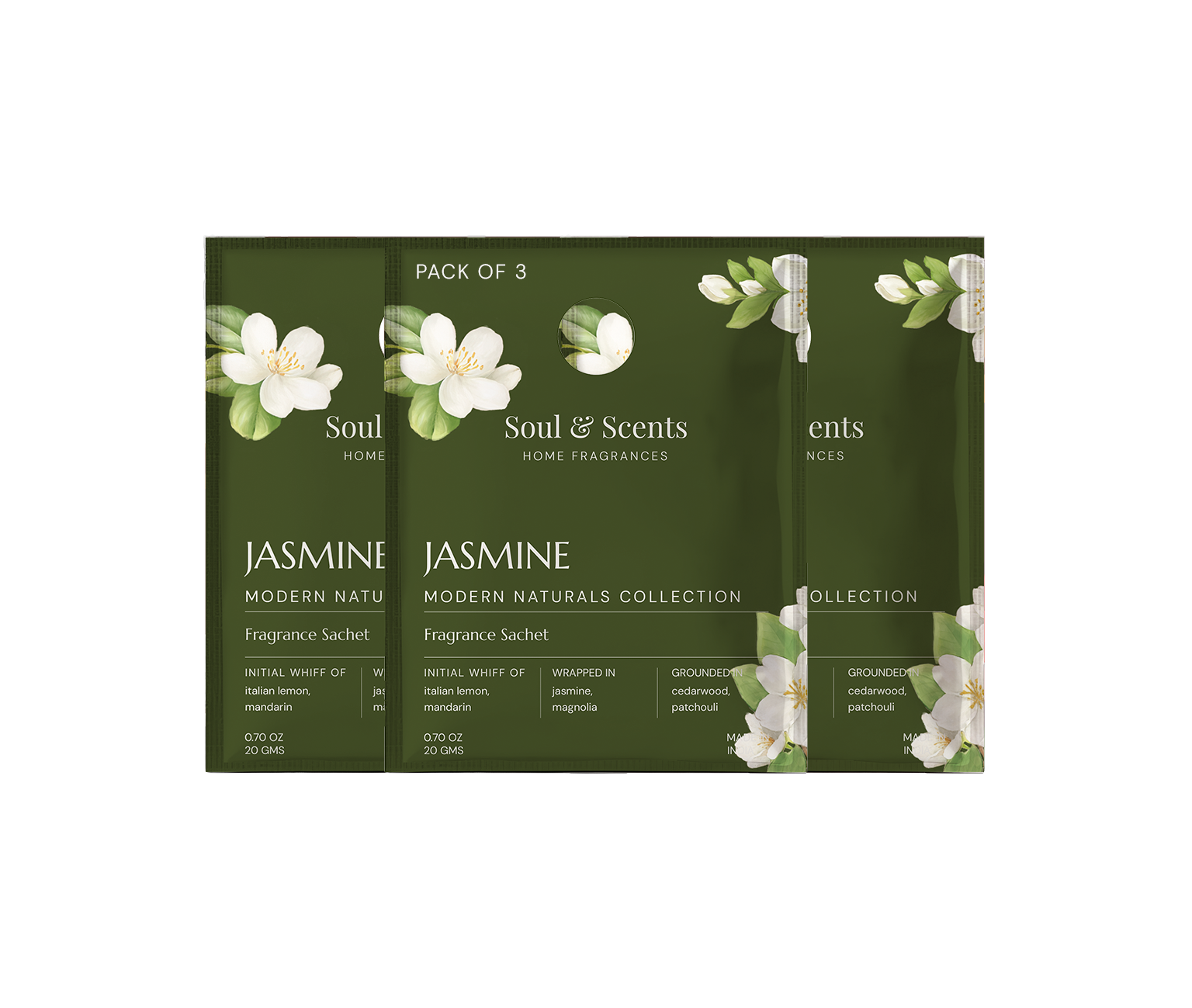 Pack of three Jasmine fragrance sachets by Soul & Scents on a white background