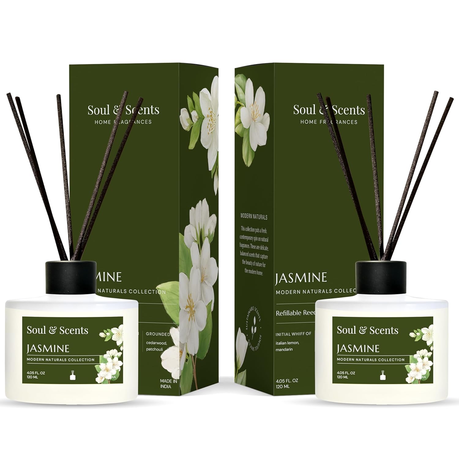 Soul & Scents Jasmine diffuser set with green packaging and white flowers on a white background