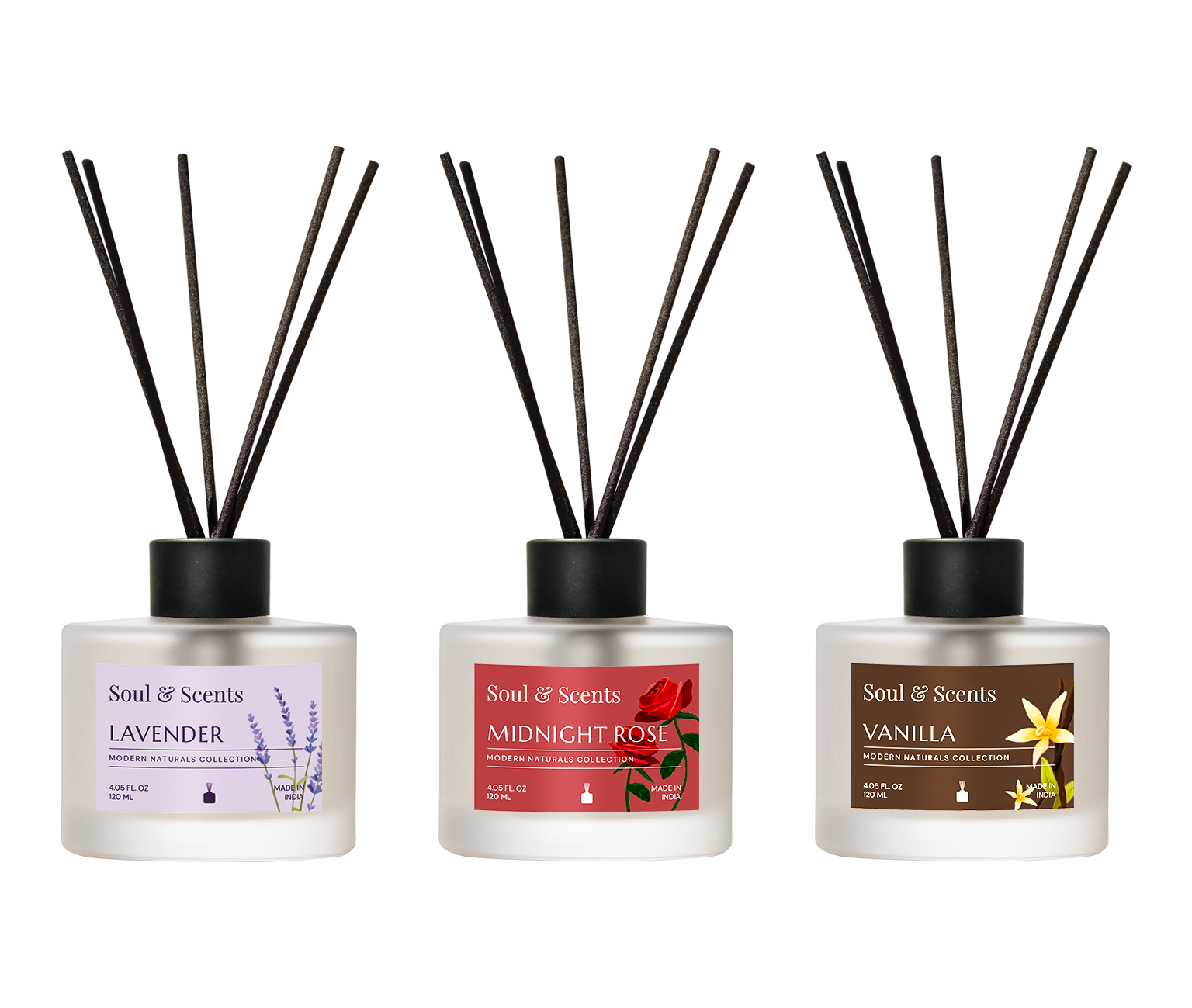 Three diffusers with sticks labeled 'Lavender', 'Midnight Rose', and 'Vanilla' by Soul & Scents on a white background.