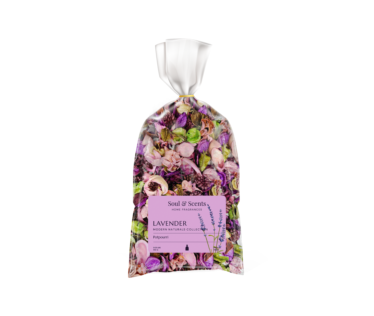 Bag of dried flowers with a visible brand label on a white background