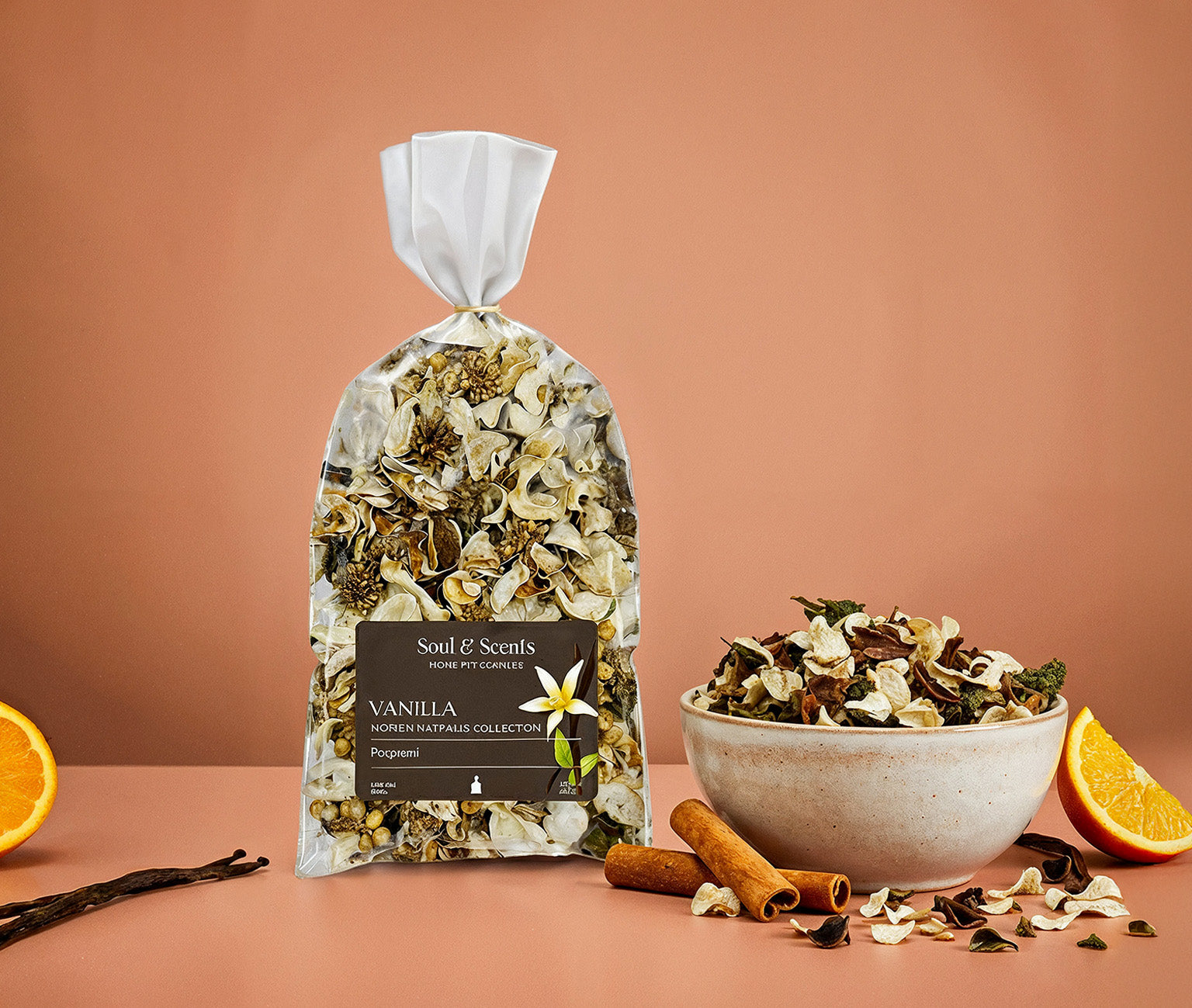 Packaged vanilla bath salts with a bowl of the product and vanilla beans on a peach background