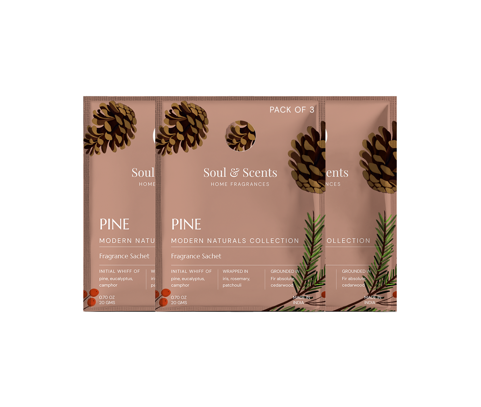 Pack of three Soul & Scents Pine fragrance sachets on a white background
