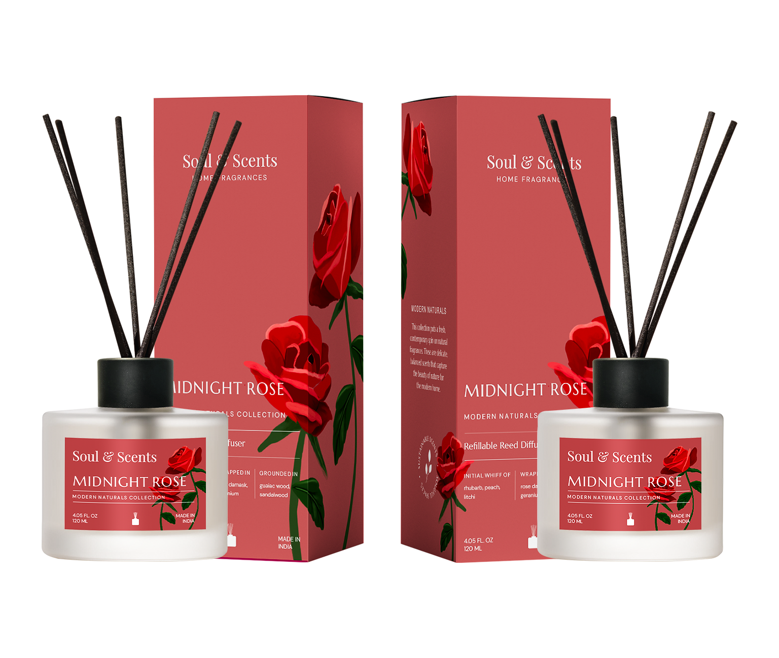 Soul & Scents Midnight Rose diffuser set with red packaging and rose design on a white background