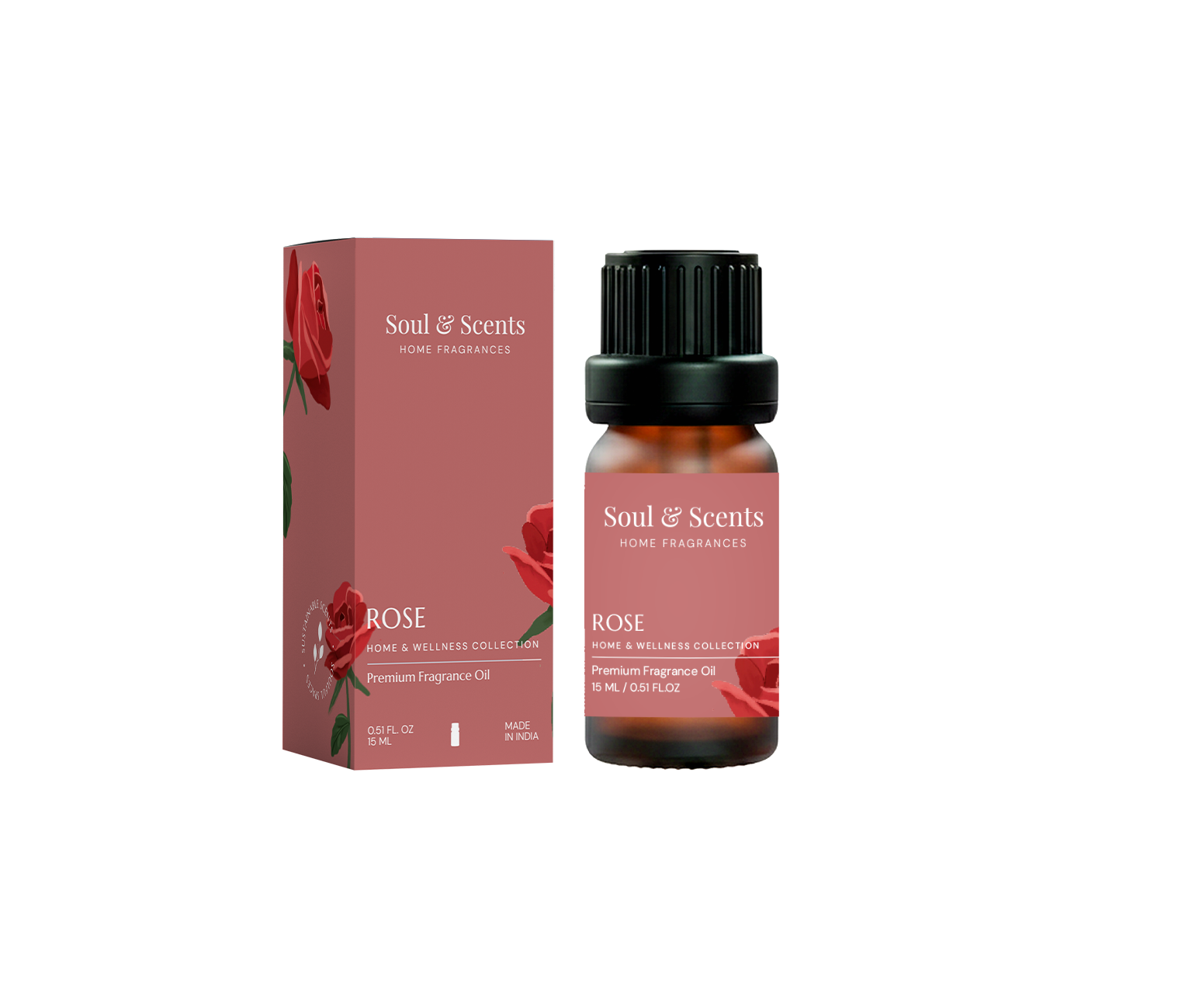 Soul & Scents Rose fragrance oil bottle and packaging on a white background