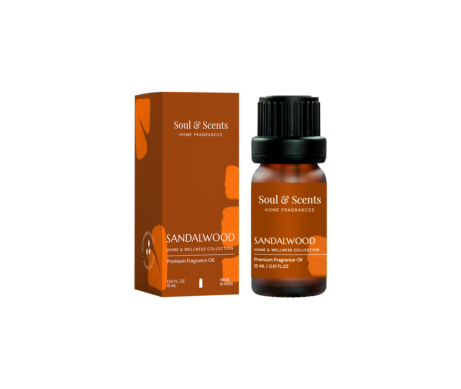 Sandalwood fragrance oil bottle and packaging with 'Soul & Scents' branding on a white background.