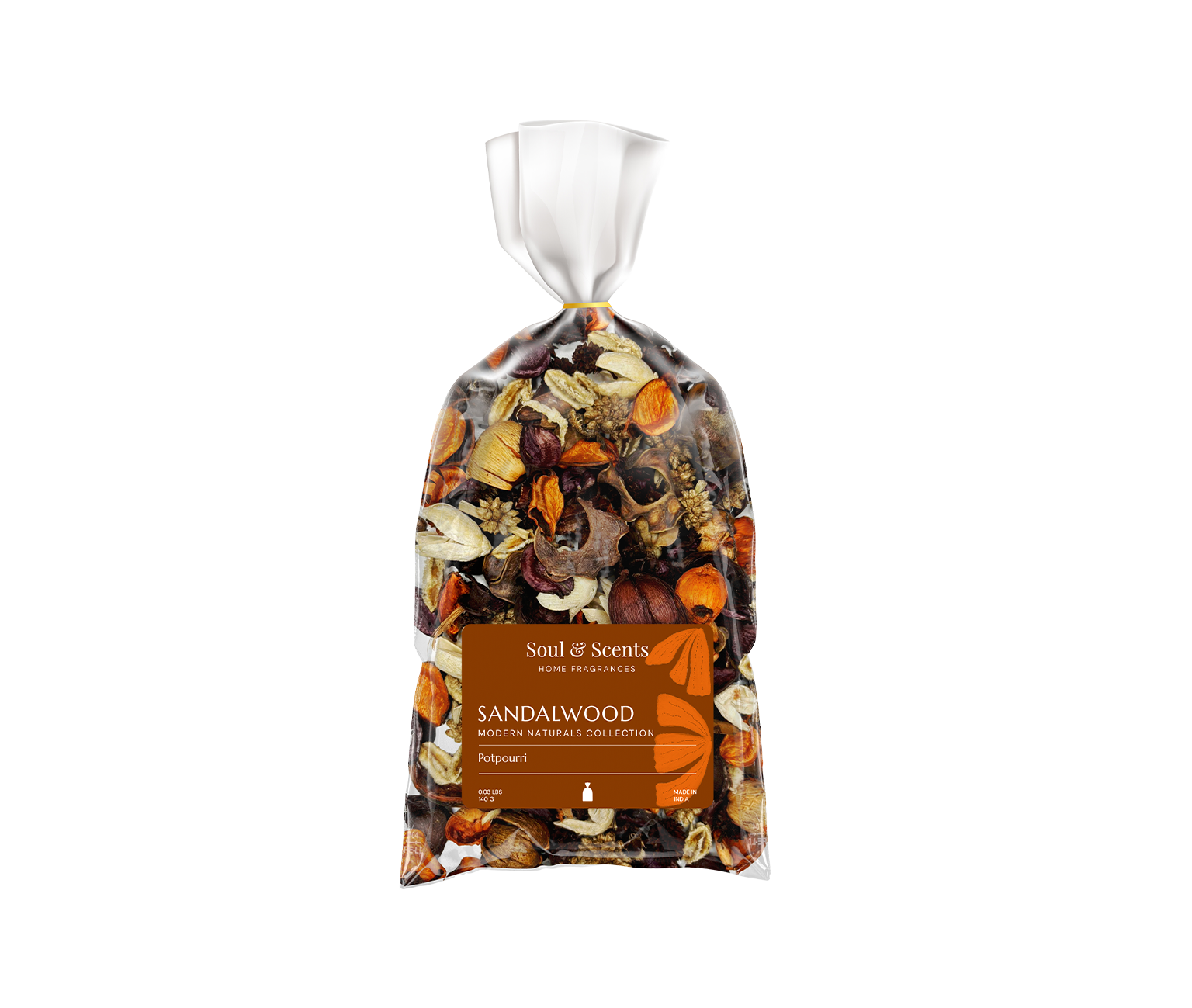 Bag of Sandalwood potpourri with visible ingredients on a white background