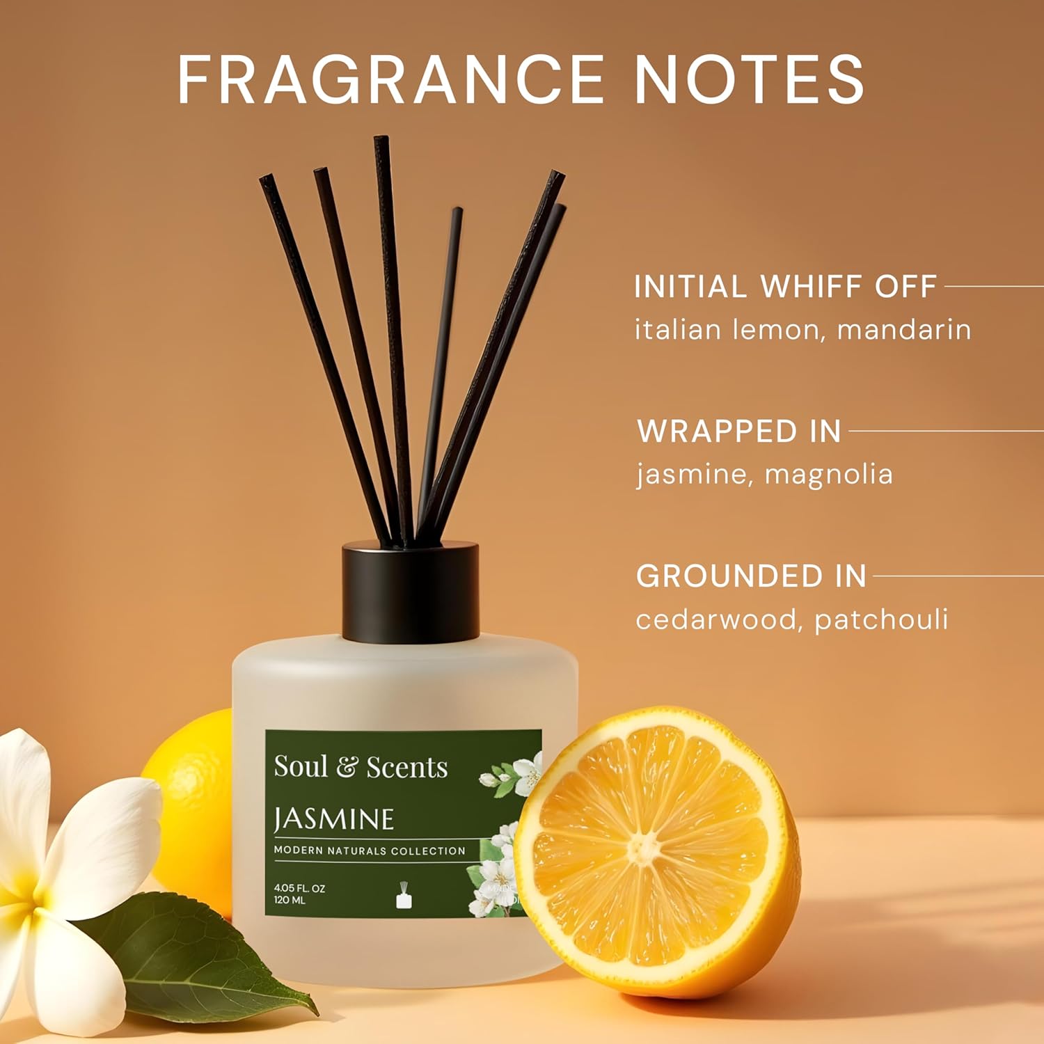 Scented diffuser with jasmine and magnolia fragrance notes on a beige background