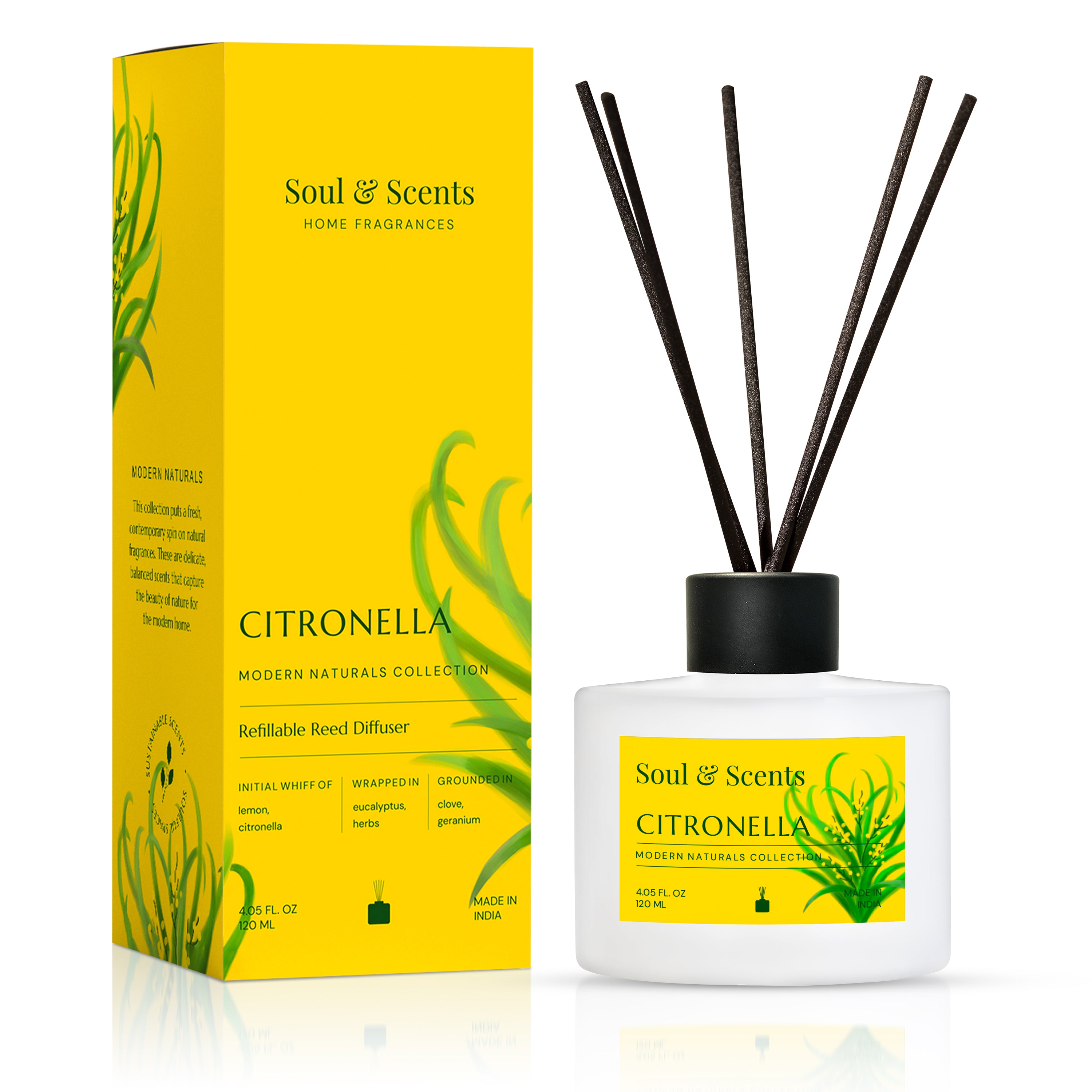 Soul & Scents Citronella diffuser with packaging on a white background