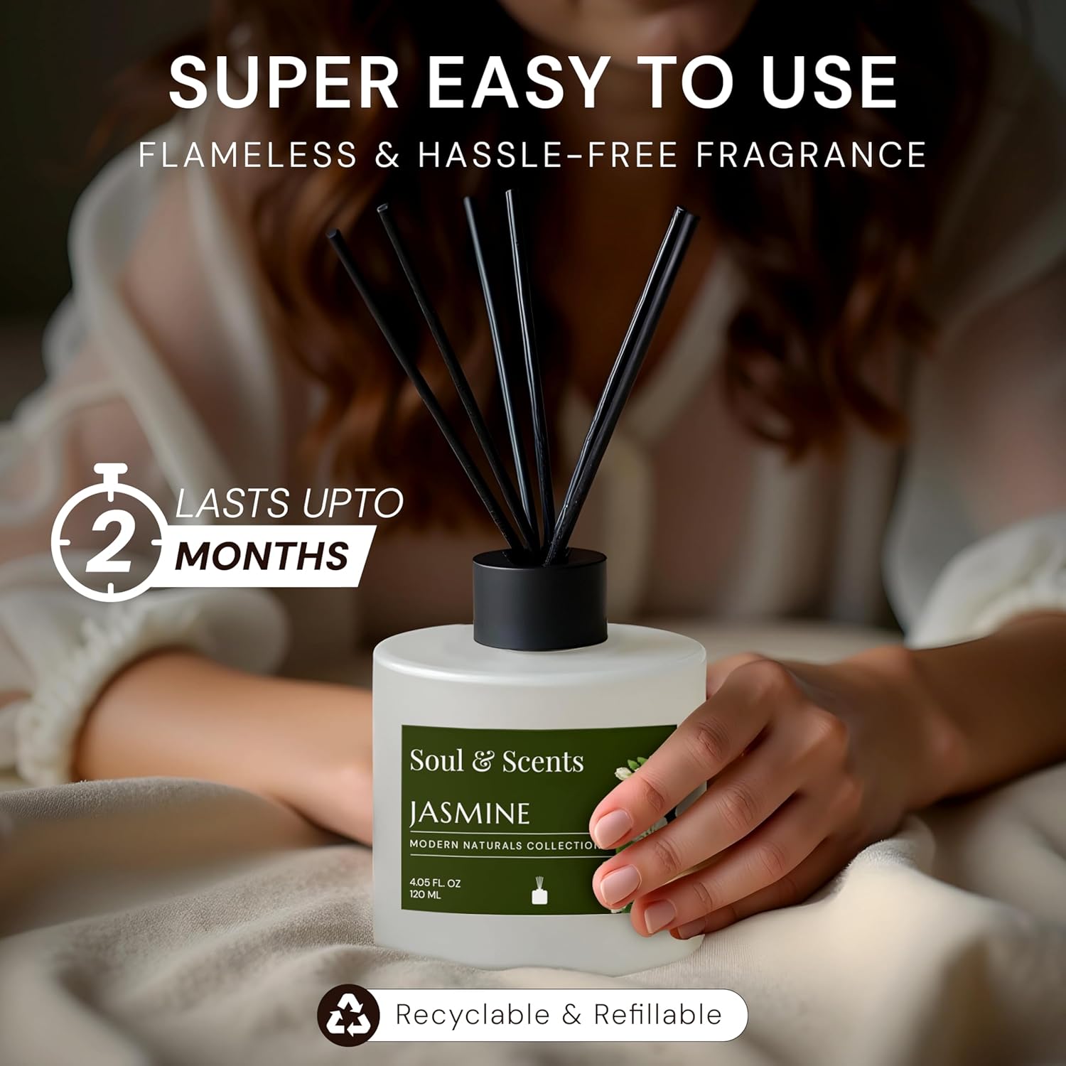 Soul & Scents Jasmine diffuser held by a person with text about its features.