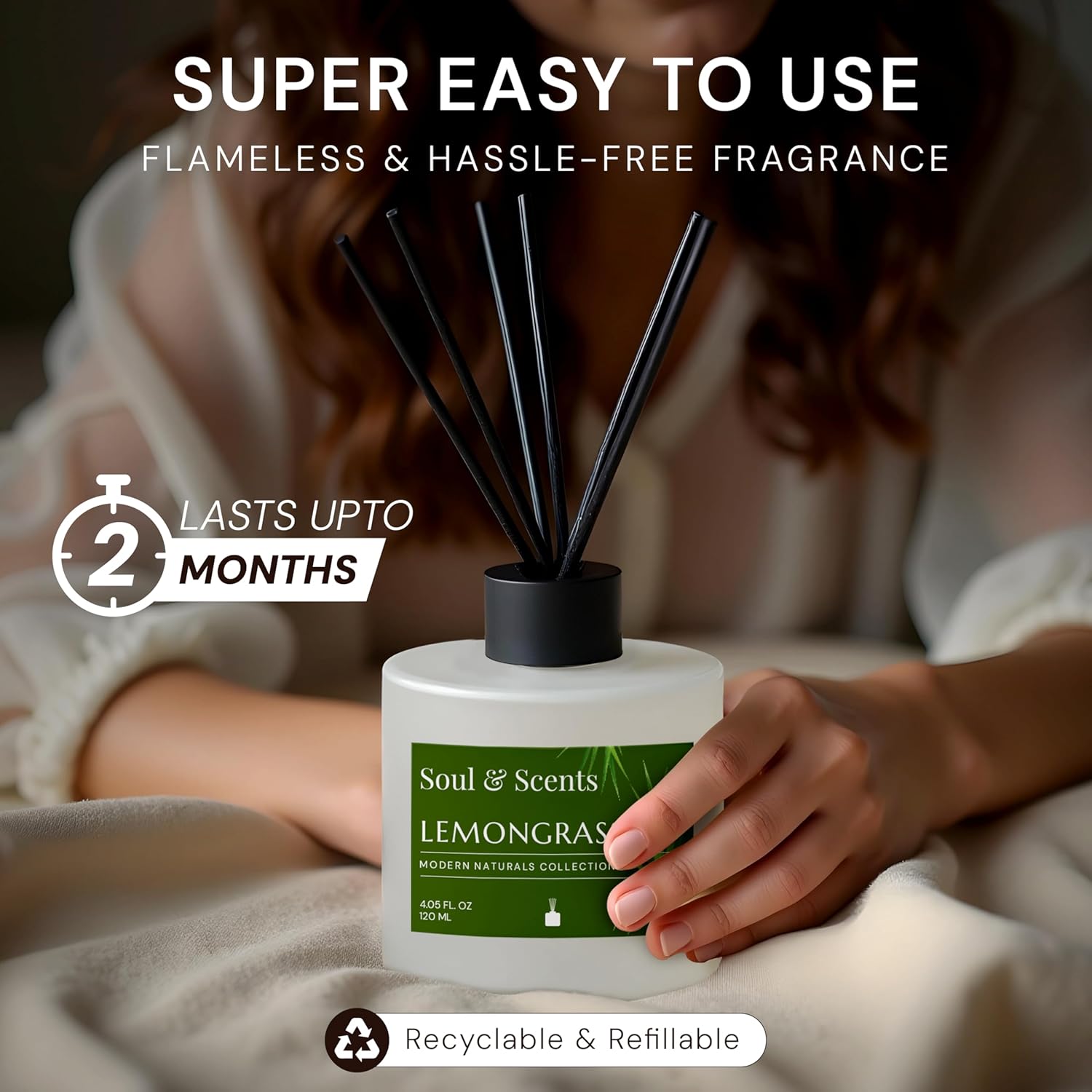 Soul & Scents Lemongrass diffuser held by a person with text about its ease of use and fragrance duration.