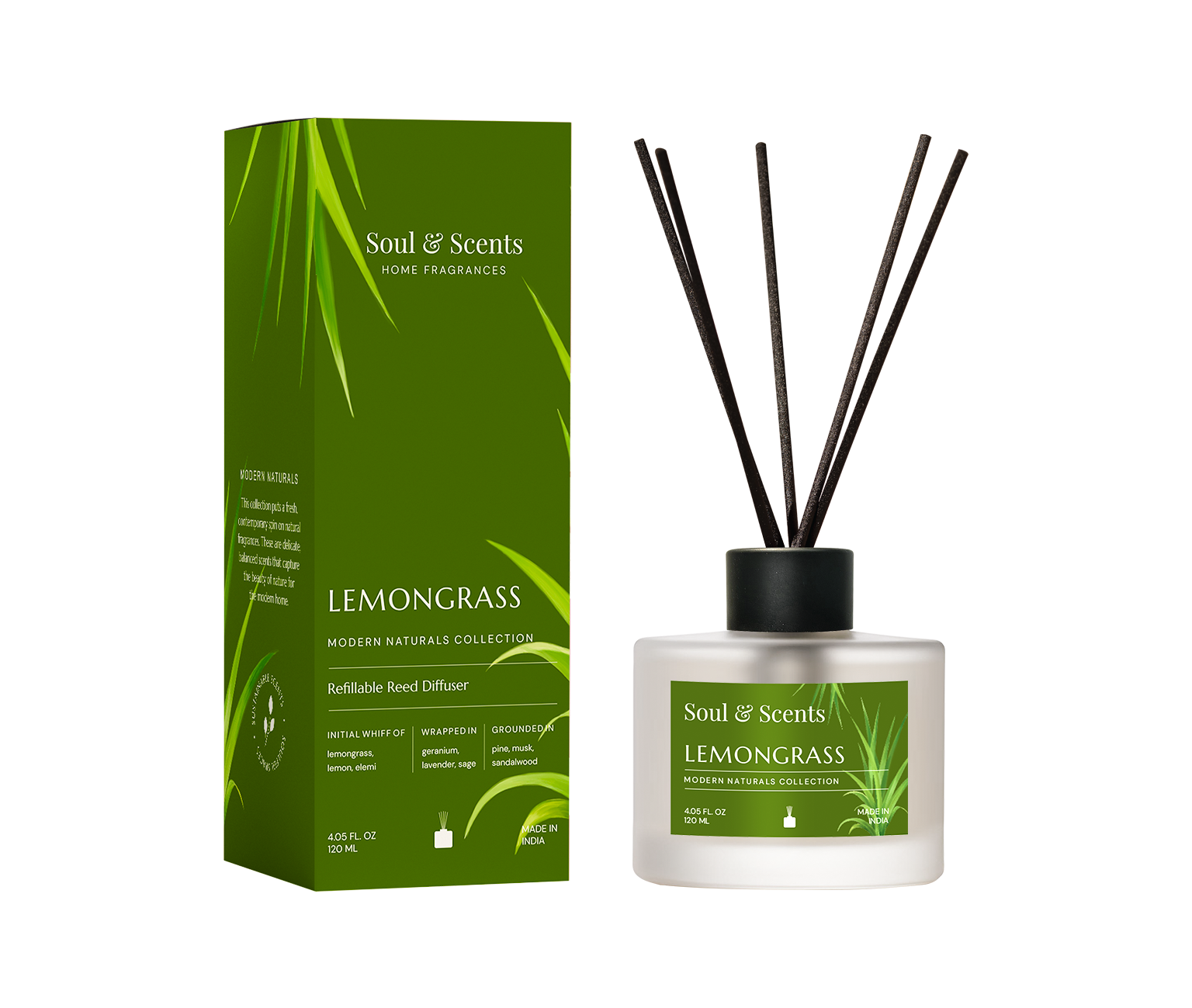 Soul & Scents Lemongrass diffuser with packaging on a white background