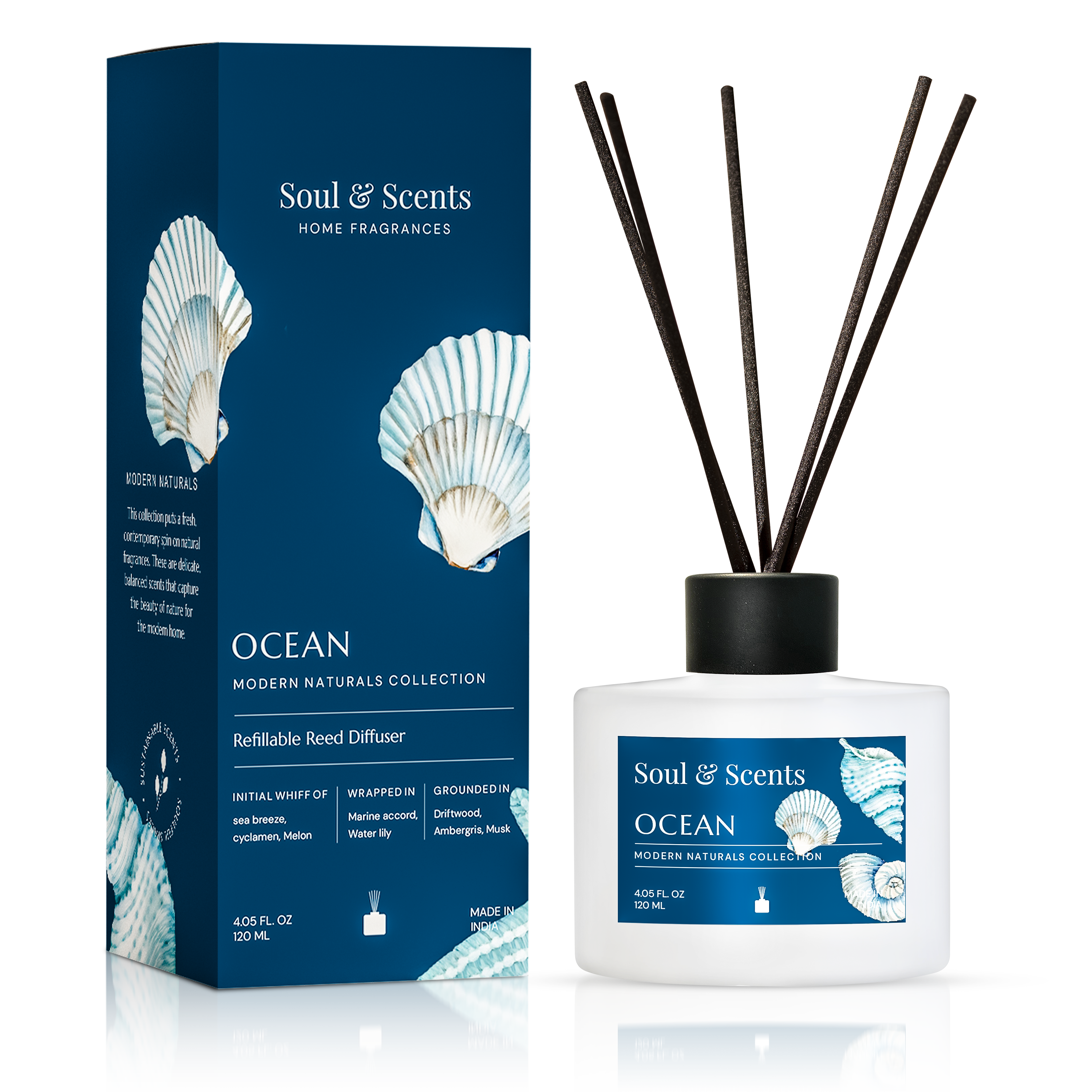Soul & Scents Ocean diffuser with packaging on a white background