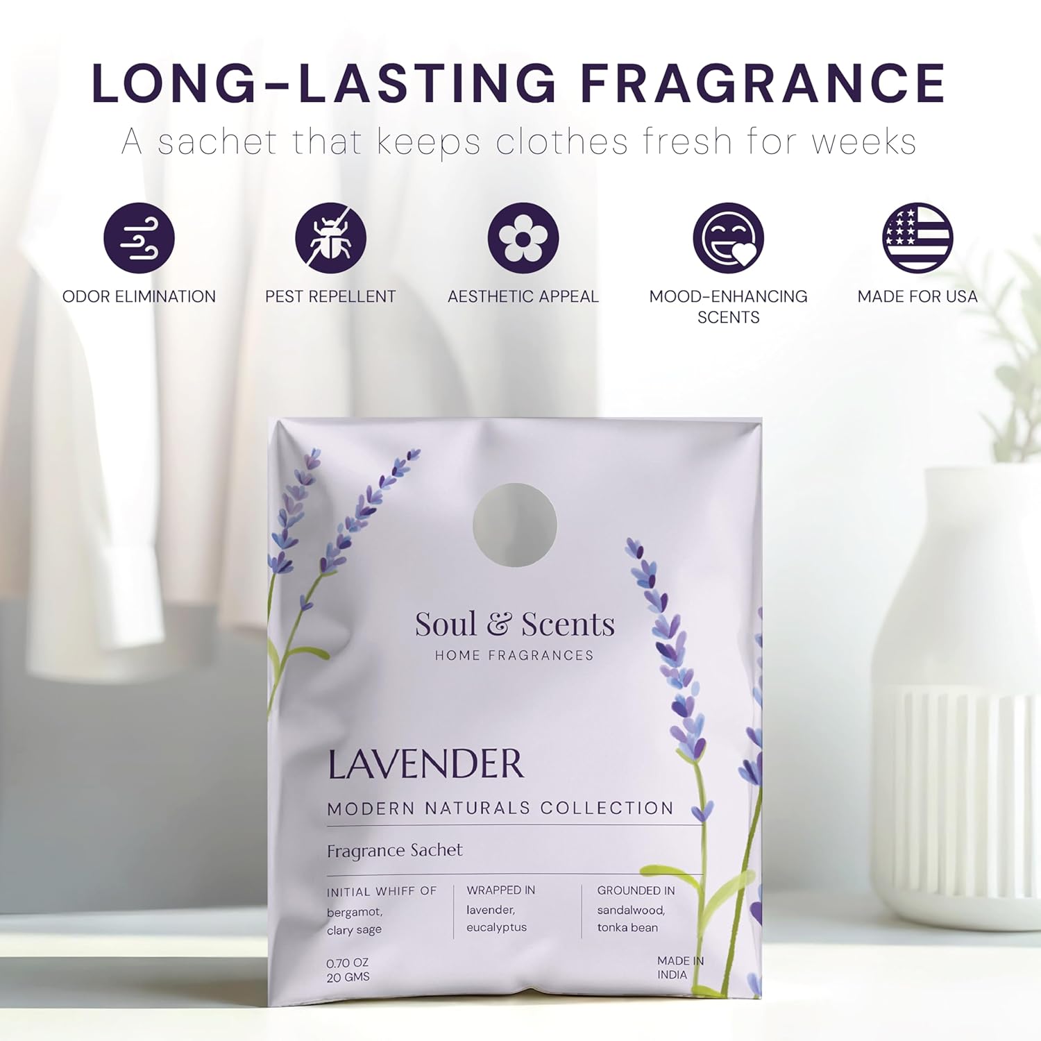 Soul & Scents lavender fragrance sachet with product features listed above it.