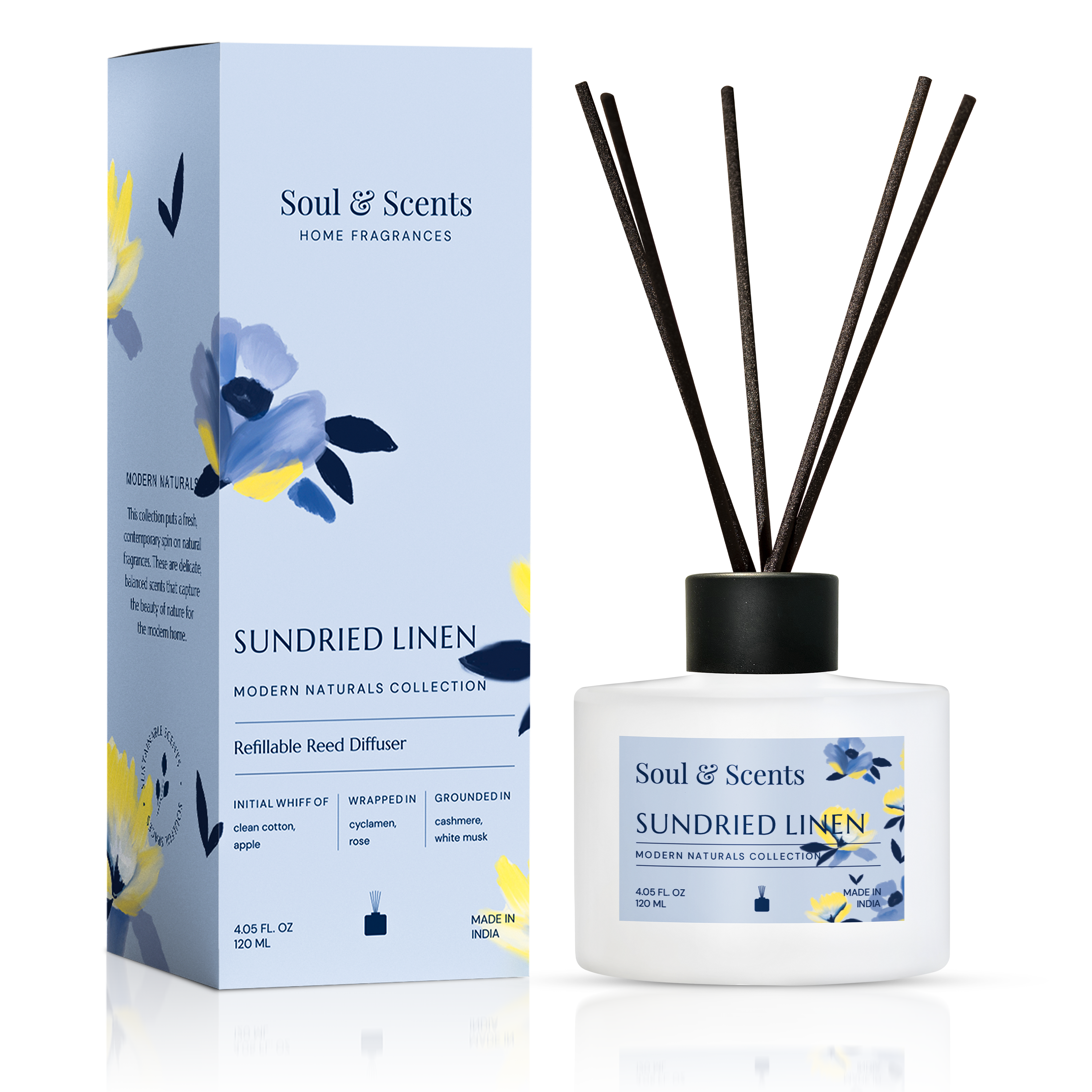 Soul & Scents Sundried Linen diffuser with packaging on a white background