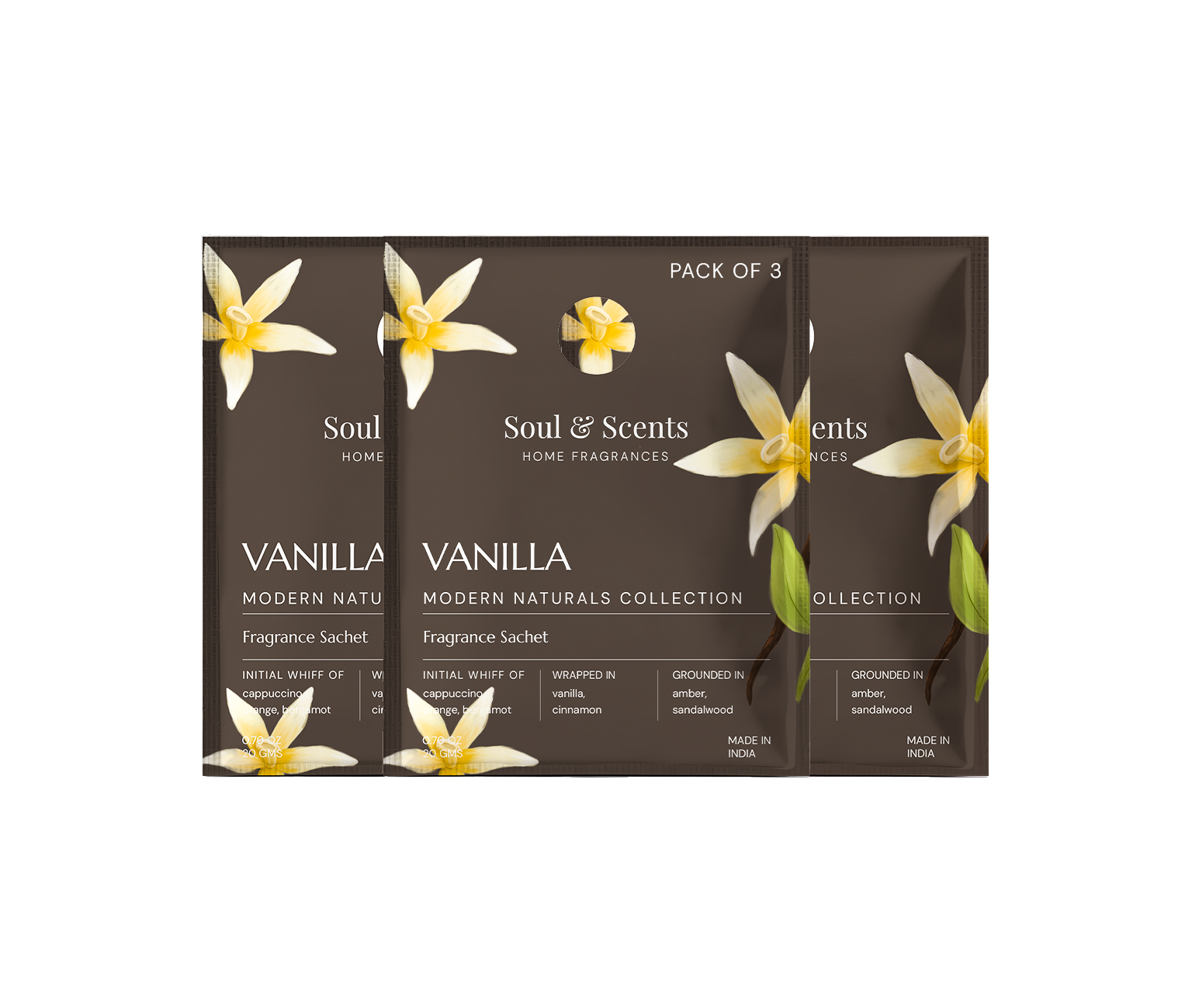 Pack of 3 Vanilla fragrance sachets by Soul & Scents on a white background