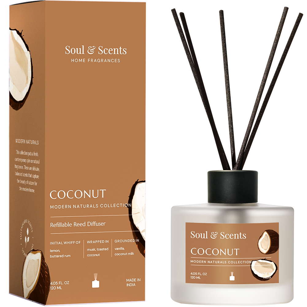 Soul & Scents coconut diffuser with packaging on a white background