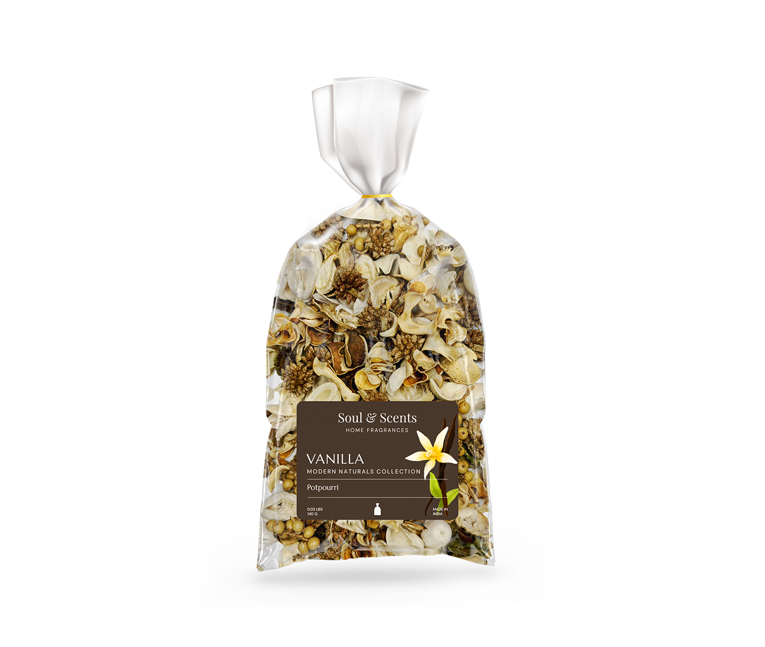 Bag of vanilla-flavored popcorn with 'Soul & Scents' branding on a white background